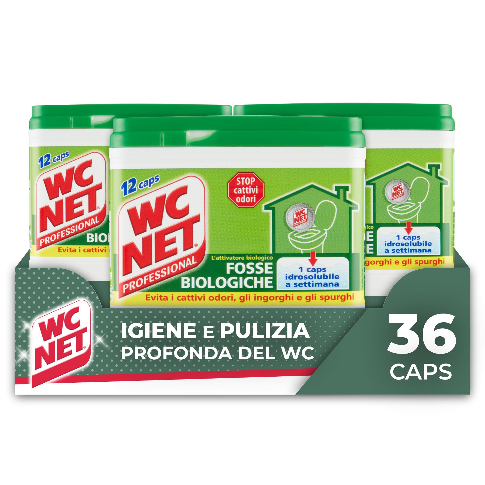 Wc Net Professional, Fosse Biologiche, Capsule Idrosolubili per WC, Scioglie gli Ingorghi, 12 Caps x 3 Confezioni