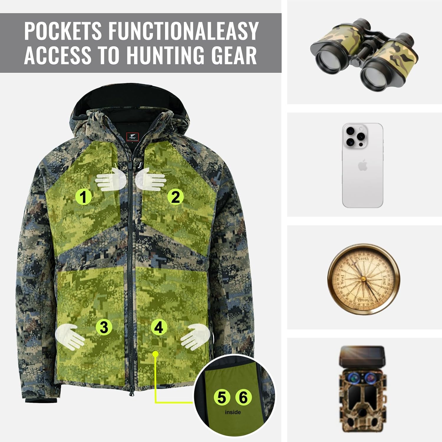 8 Fans Men’s Hunting Camo Jacket – 100% Polyester Fleece,Breathable Lightweight Coat with Detachable Hood & Pockets - Image 6