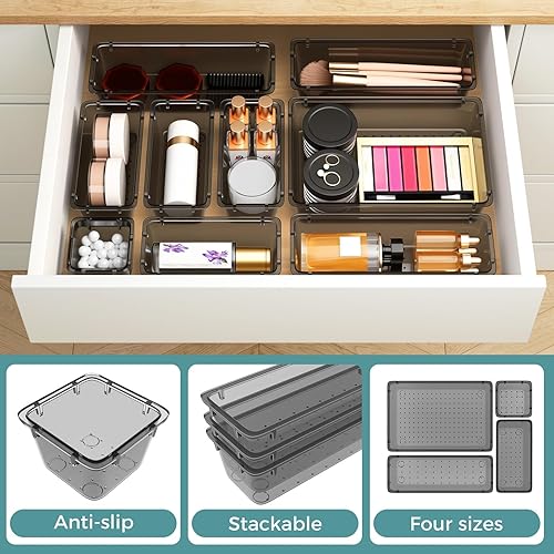 Miniatura 4 de WOWBOX Juego de 44 organizadores de cajones de plástico transparente, 4 contenedores de almacenamiento de varios tamaños y bandejas organizadoras de