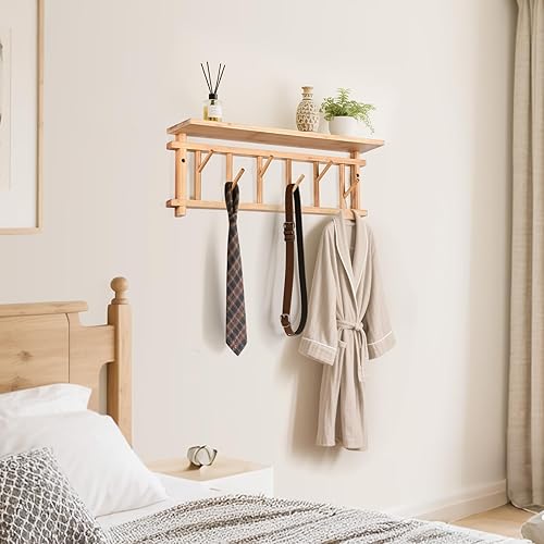 Miniatura 3 de Perchero montado en la pared con ganchos de estante para colgar abrigos con estante de entrada, estantes colgantes con 6 ganchos giratorios para