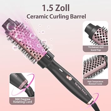1.5 Inch Thermal Brush, Round Heated Hot Brush Blowout Ionic, Curling Brushes for All Hair, 2 Temperature Settings, Universal Voltage for Travel, Dual PTC, Not for Blow Drying, Rose Gold
