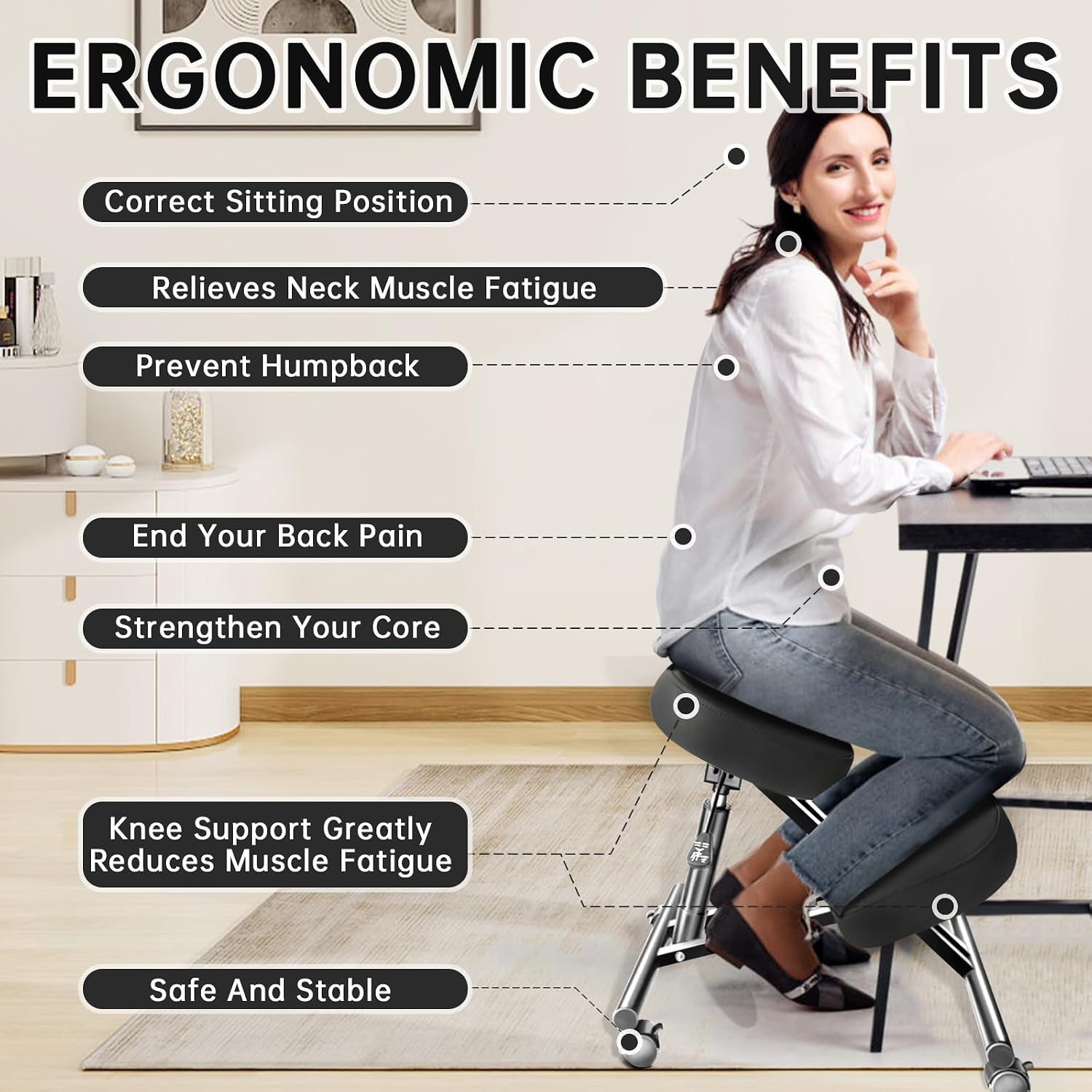 Ergonomic Kneeling Chair, Adjustable Posture Stool with Wheels