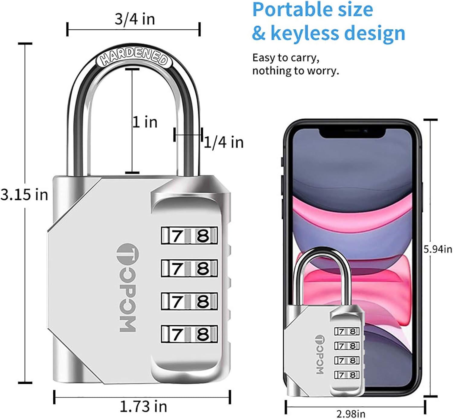 TOPOM Combination Lock 4 Digit Outdoor Waterproof Padlock for School Gym Sports Locker, Gate, Fence, Toolbox, Hasp Storage (Silver, Pack of 2)