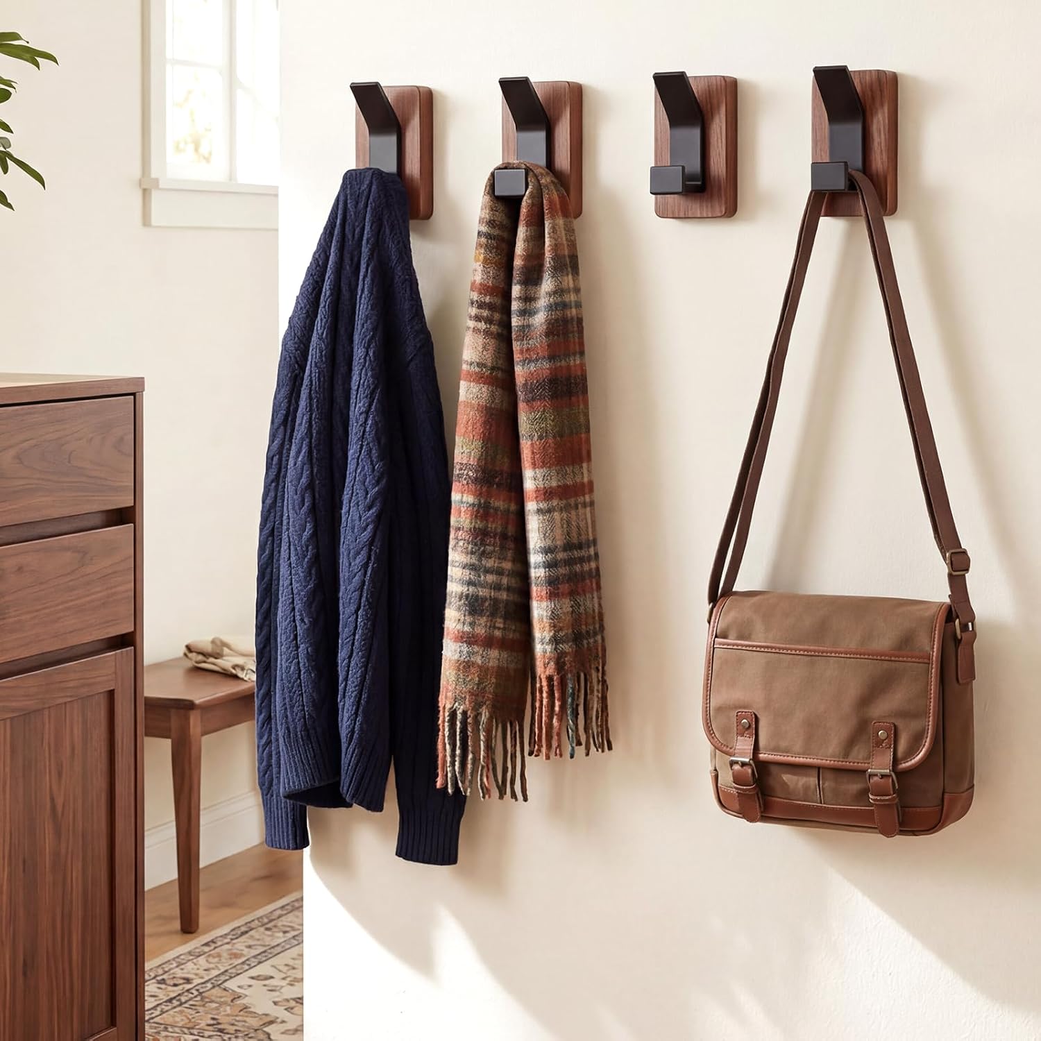 4-Pack Wood Wall Hooks, Solid Walnut Coat Rack with Adhesive Mounting and Wall Mounted, Decorative Hangers for Entryway, Mudroom, Bathroom, Farmhouse Style for Towels, Hats, Keys, Bags, Robes
