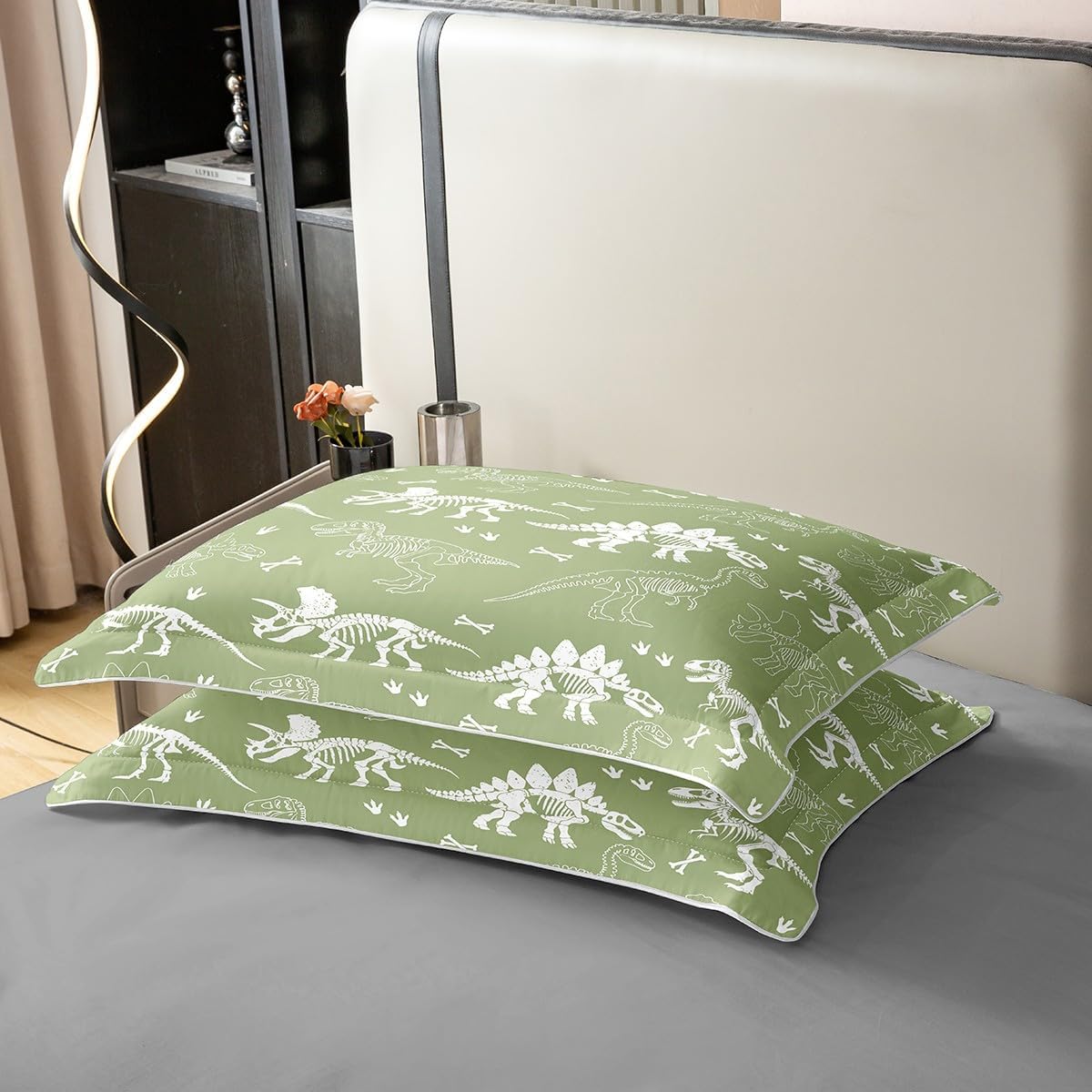 Dinosaur Bones 100% Cotton Duvet Cover Queen Size Kids Jungle Dino Fossils Comforter Cover for Boys Girls Teens Wild Animals Bedding Set Breathable Green White Bedroom Decor Bedclothes