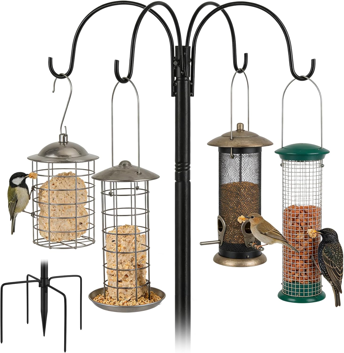 223cm Bird Feeders Hanging Station, Extra Tall Birds Feeding Stand Heavy Duty with 4 Shepherd Hooks, Stable Feeder Poles and Hangers Station with 5 Prong Base for Garden, Yard