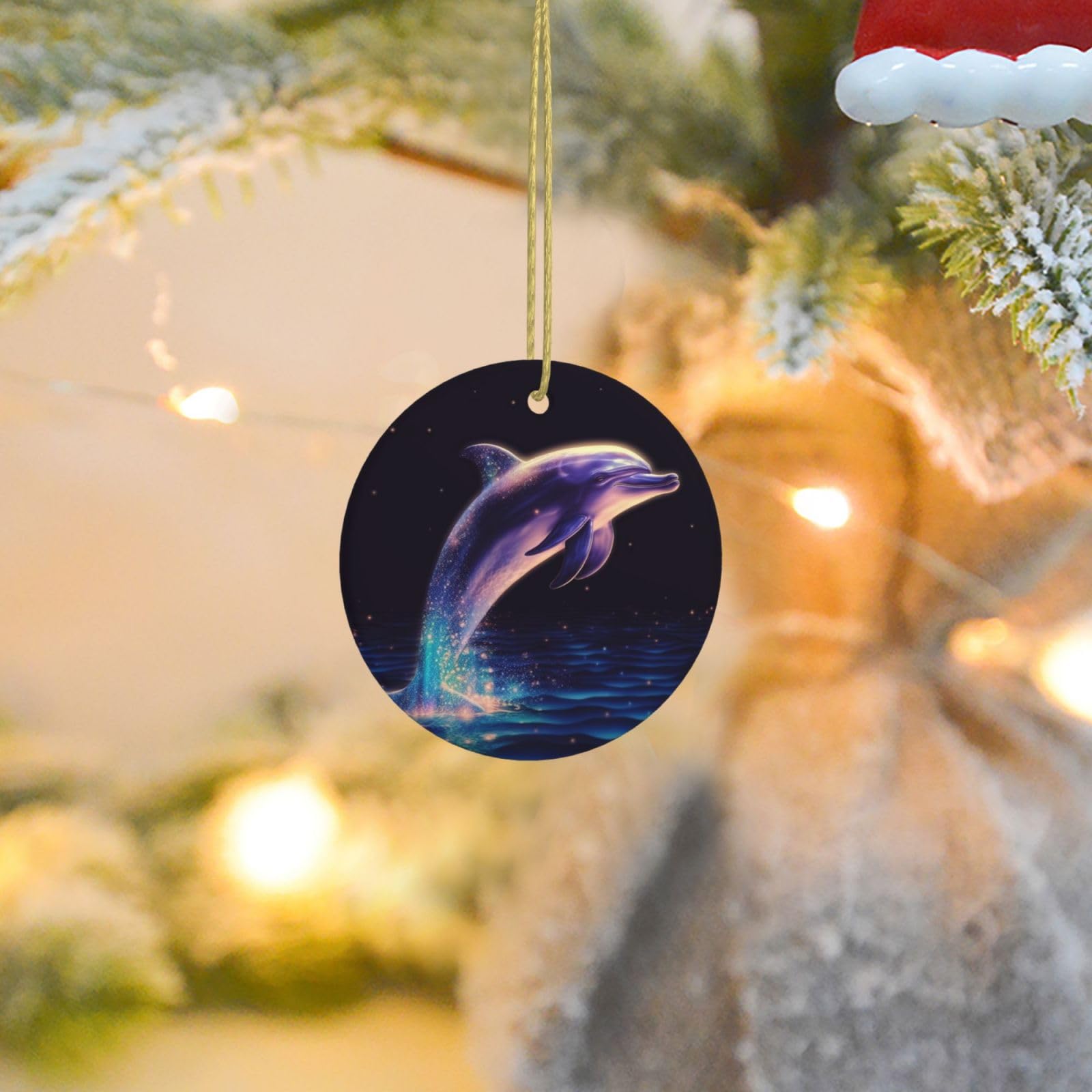 Christmas Ornaments for Christmas Tree Decoration Ceramic Hanging Glitter Dolphin Ornament with Gold Ribbon Crafts Round Pendant for Keepsake Gifts Glass Xmas Decor Party Supplies