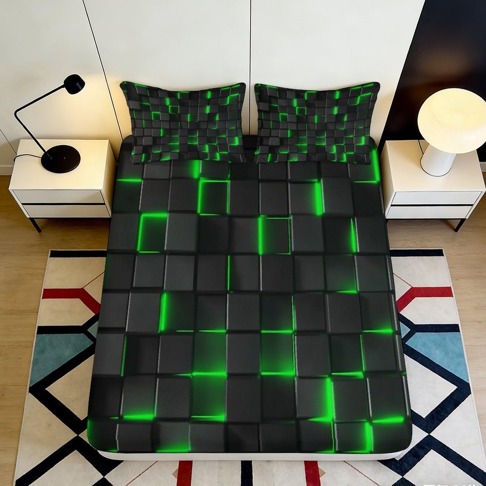 3D Printed Black Green Cube Pattern Fitted Sheet Microfiber Soft Breathable Geometric Mattress Cover for Bedroom Dorm Dormitory Guest Room Protection 120x200x25cm