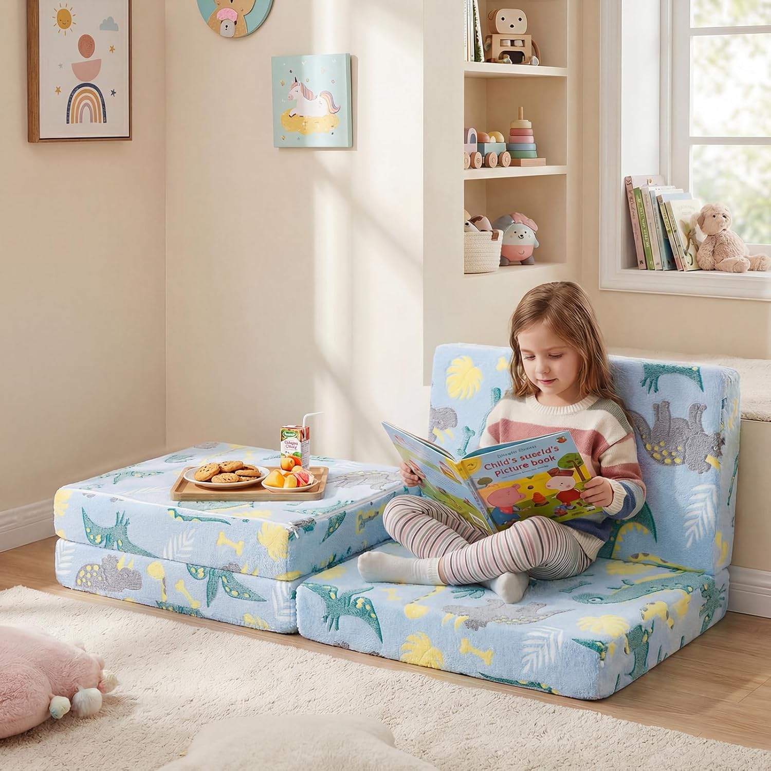 MeMoreCool Foldable Floor Mattress for Kids, Glow Dinosaur Trifold Mat, Kids Folding Mattress Portable Futon, Blue Blue Dinosaur