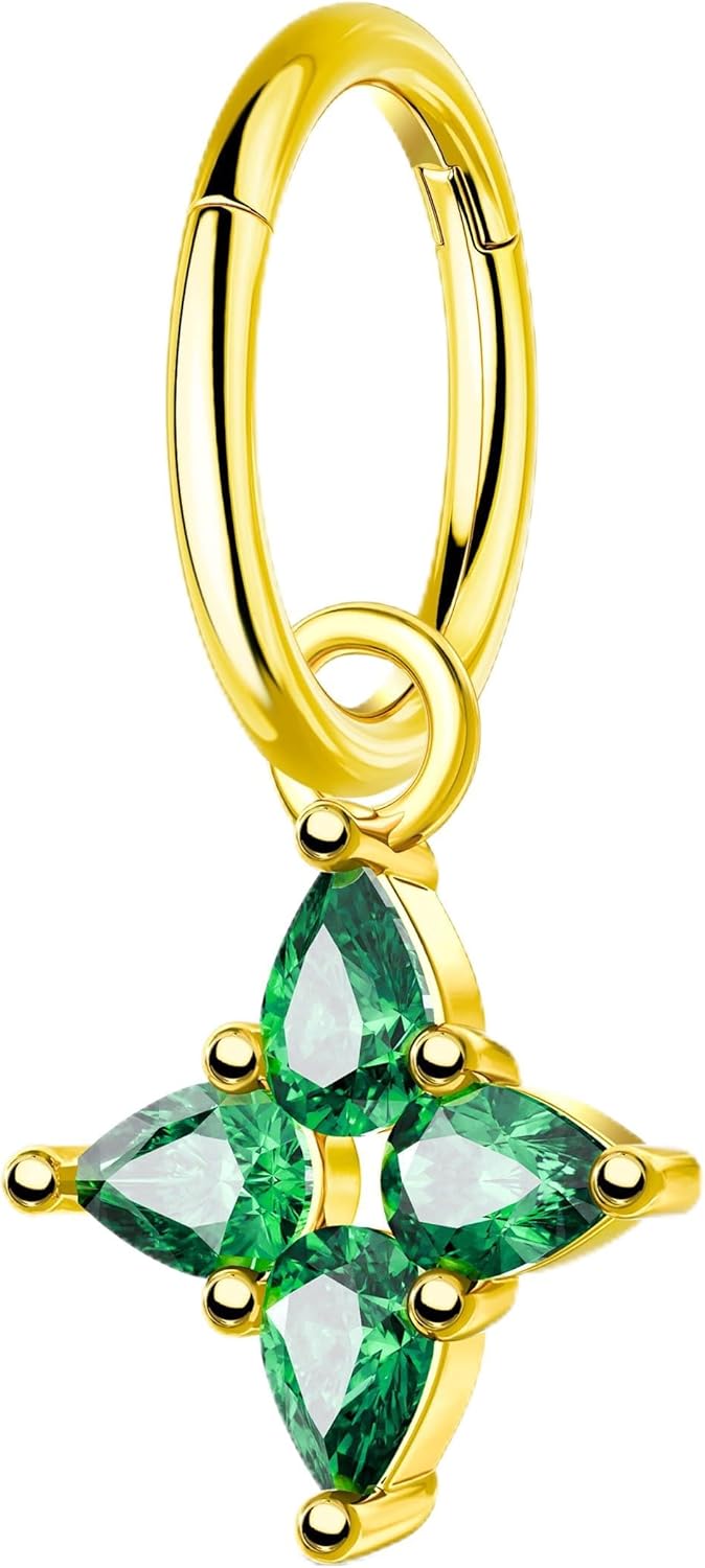 Jewseen 16G Dangle Rook Piercing Jewelry Hoop Emerald Cartilage Earrings Hoop Clicker 316L Surgical Steel Rook Earring for Women 6MM 8MM Cartilage Daith Lobe Piercing Jewelry