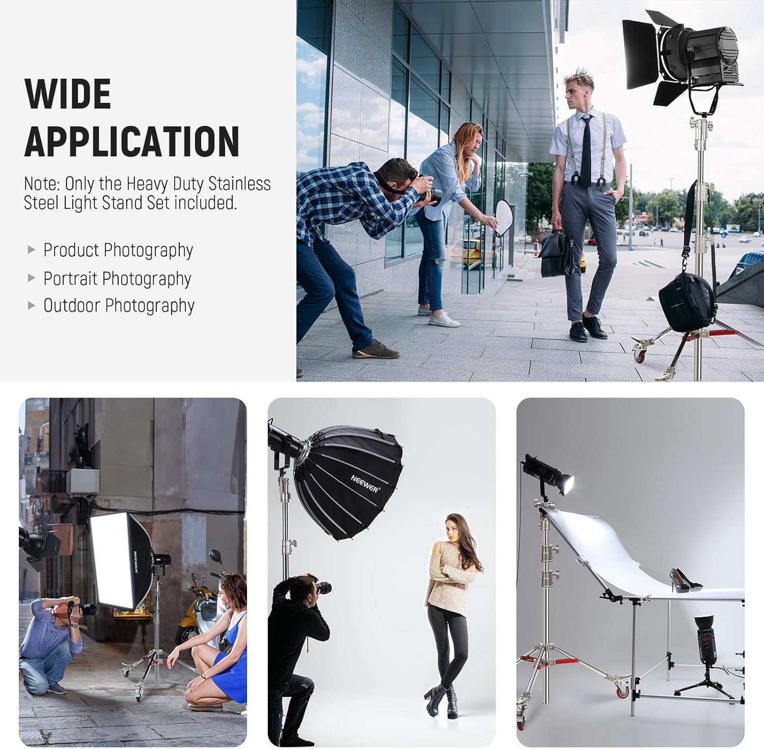 NEEWER Heavy Duty Stainless Steel Light Stand with Casters, 1-1/8" Junior Receiver, Spring Loaded 5/8" Baby Stud, Max Load 77lb, 7.9ft/240cm Junior Wheeled Stand for Studio Softbox Reflector, ST240SS