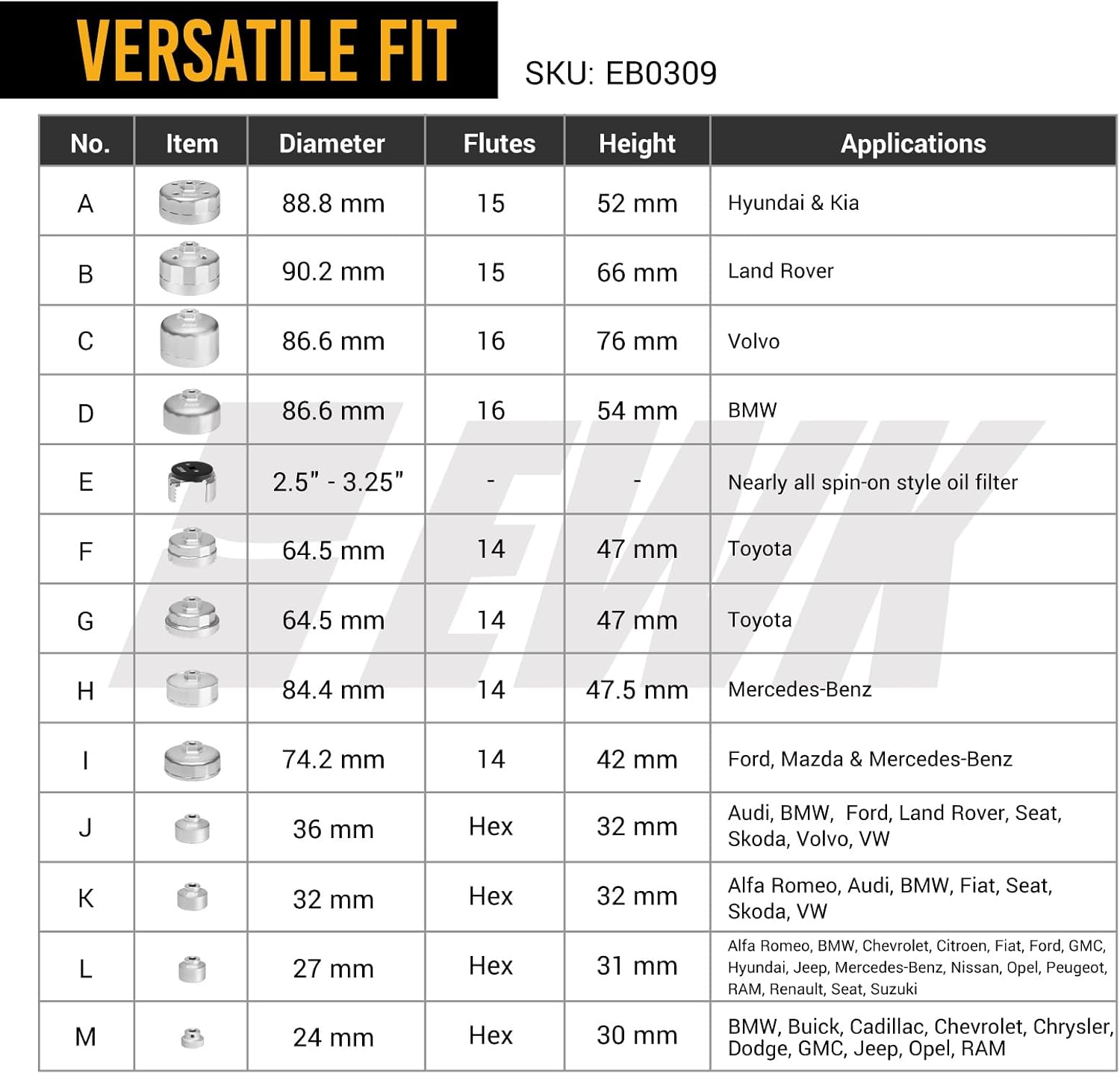 EWK 13 Pcs Forged Oil Filter Wrench Set (24–90mm), Aluminum Cup Tool Kit with Adjustable Wrench & Case, Fits Toyota, Ford, Mercedes, BMW, Audi, VW, Volvo, Chevrolet, Buick, GMC, RAM, Chrysler & More