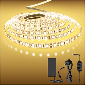 White Led Strip Light 5m16.4feet 300 LEDs, 7200lm Dimmable Led Lights for Bedroom, 2700K Led Strip Lights,24V UK Plug in led Strips Flexible 5M Set with Power and Other [Energy Class A]