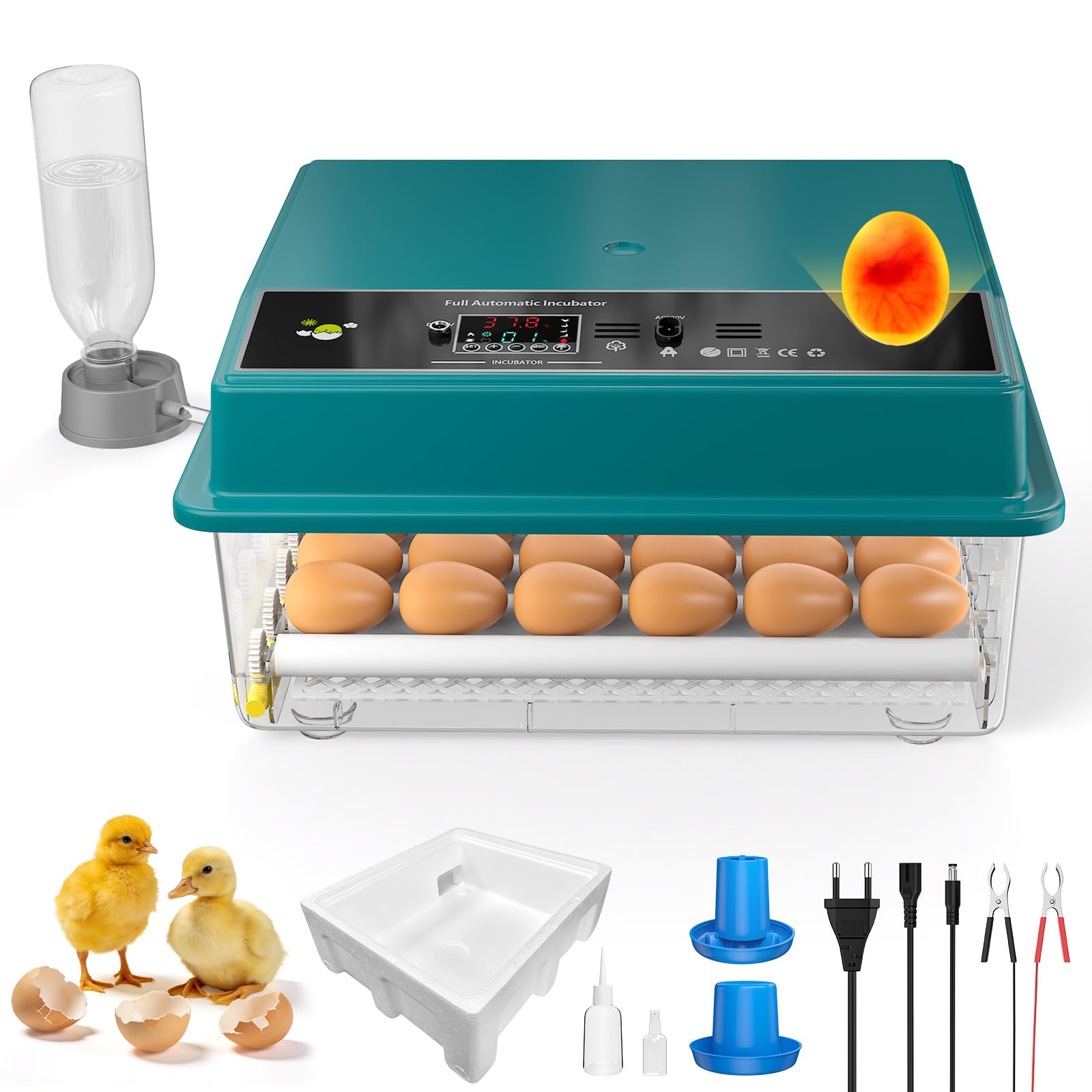 Brutautomat Vollautomatisch, Inkubator für 16-64 Eier mit Automatisches Wenden der Eier, Automatische Wasserzugabe, Temperaturregelung, Eingebaute Eierbeleuchtung, Doppeltes Netzteil (32 Eier)