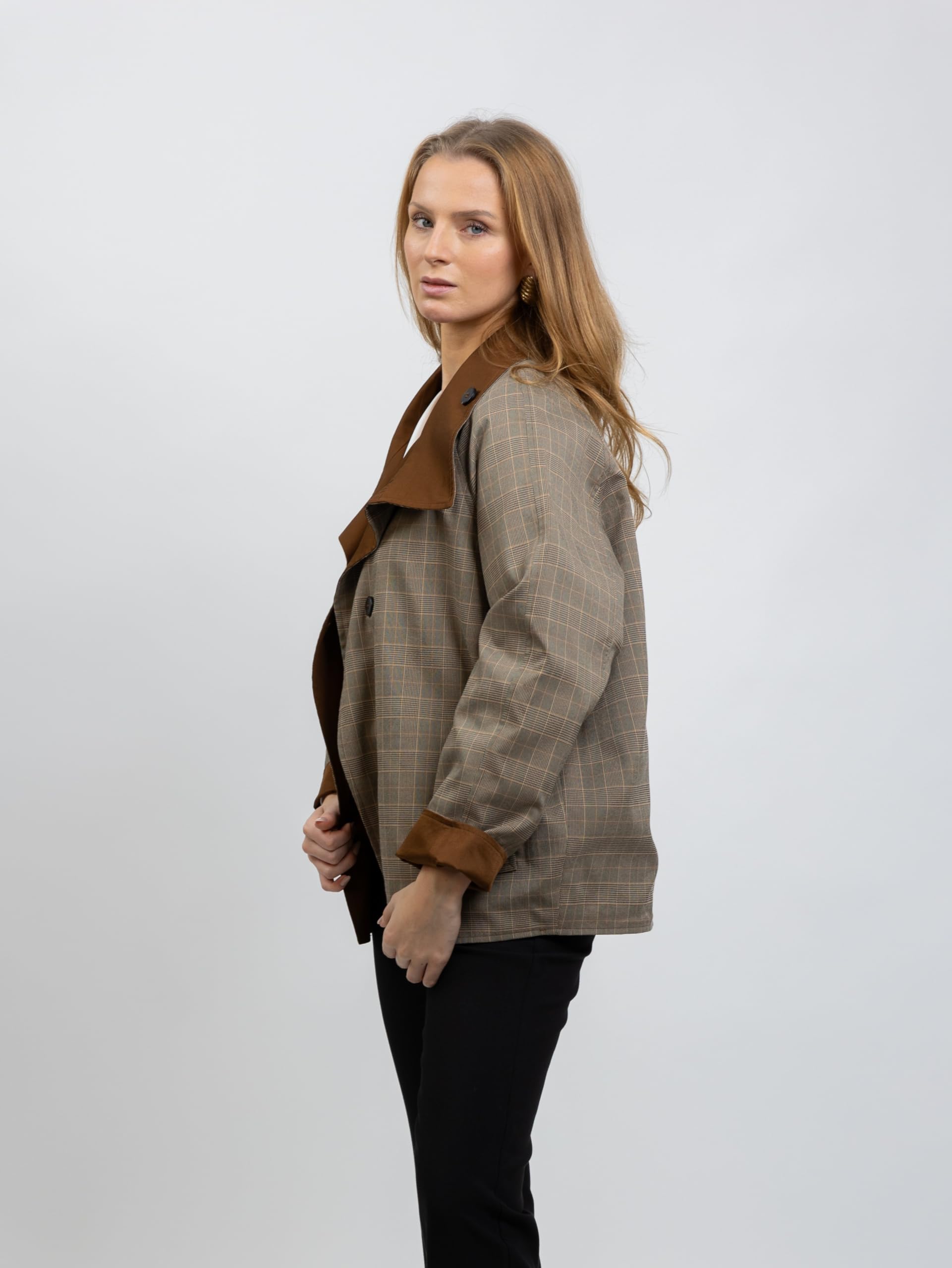 Trench corto reversible para mujer, diseño de cuadros y liso, cuello alto, color marrón