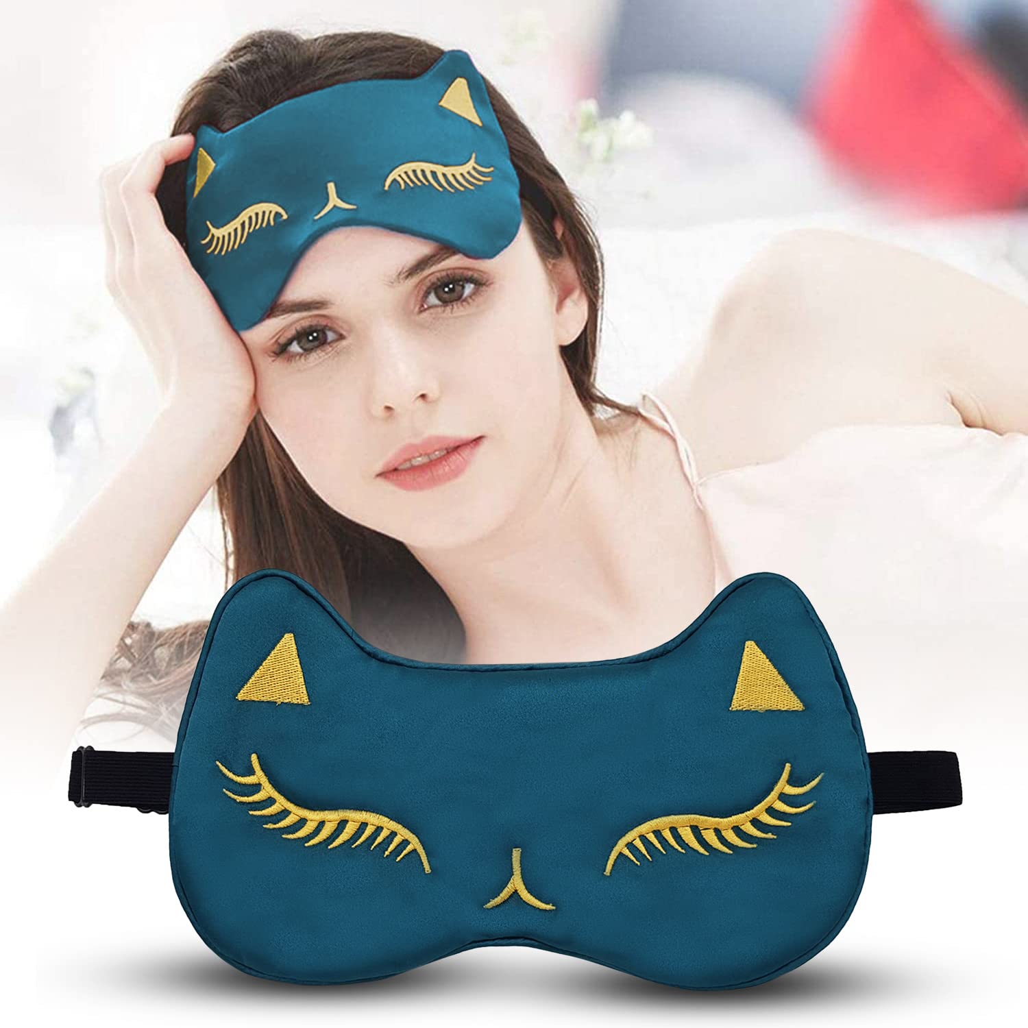 Jenna™ Natural Silk Kitty Design Sleep Mask Cover for Insomnia, Puffy Eyes and Dark Circles (DarkGreen)-image-17