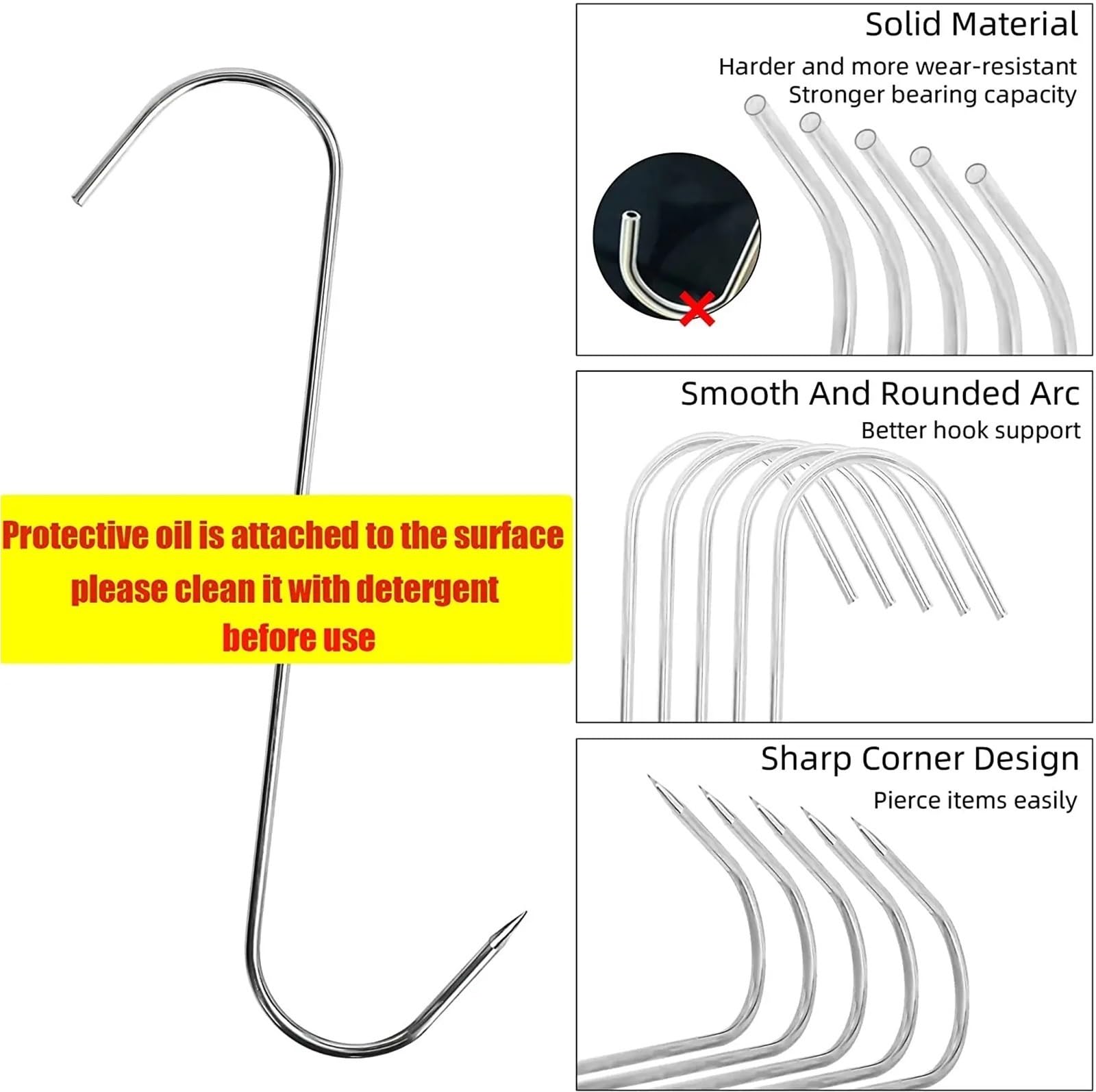 100 ganchos en forma de S de acero inoxidable con punta afilada for colgar utensilios de carne, ropa y carnicería, utensilios de cocina y repostería. Para Carnes(15cm)
