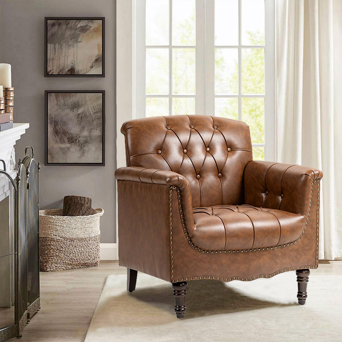 Pia Ricco Modern Tufted Accent Chair, Single Faux Leather Armchair with Nailhead Trim & Wood Legs, Comfortable Upholstered Seat for Living Room, Office - Brown