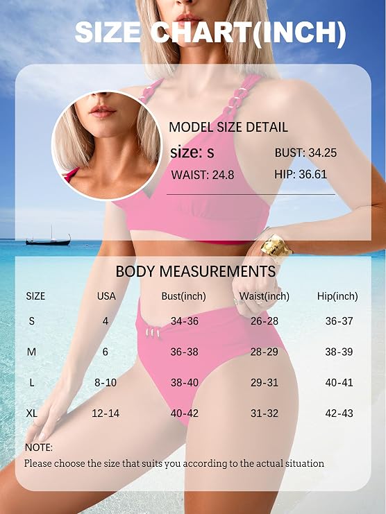 swimall Womens High Waist Bikini Set Ruched Triangle Sexy Swimsuit Gold Metal Two Piece Bathing Suit