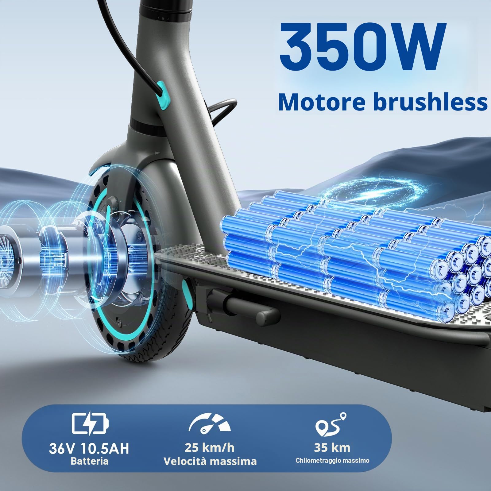 Monopattino Elettrico per Adulti, Pneumatici 10", Motore Potente 350W, Autonomia fino a 35 km, Velocità Massima 25 km/h, Doppio Sistema di Illuminazione e Freni a Tamburo, Controllo via App Smart