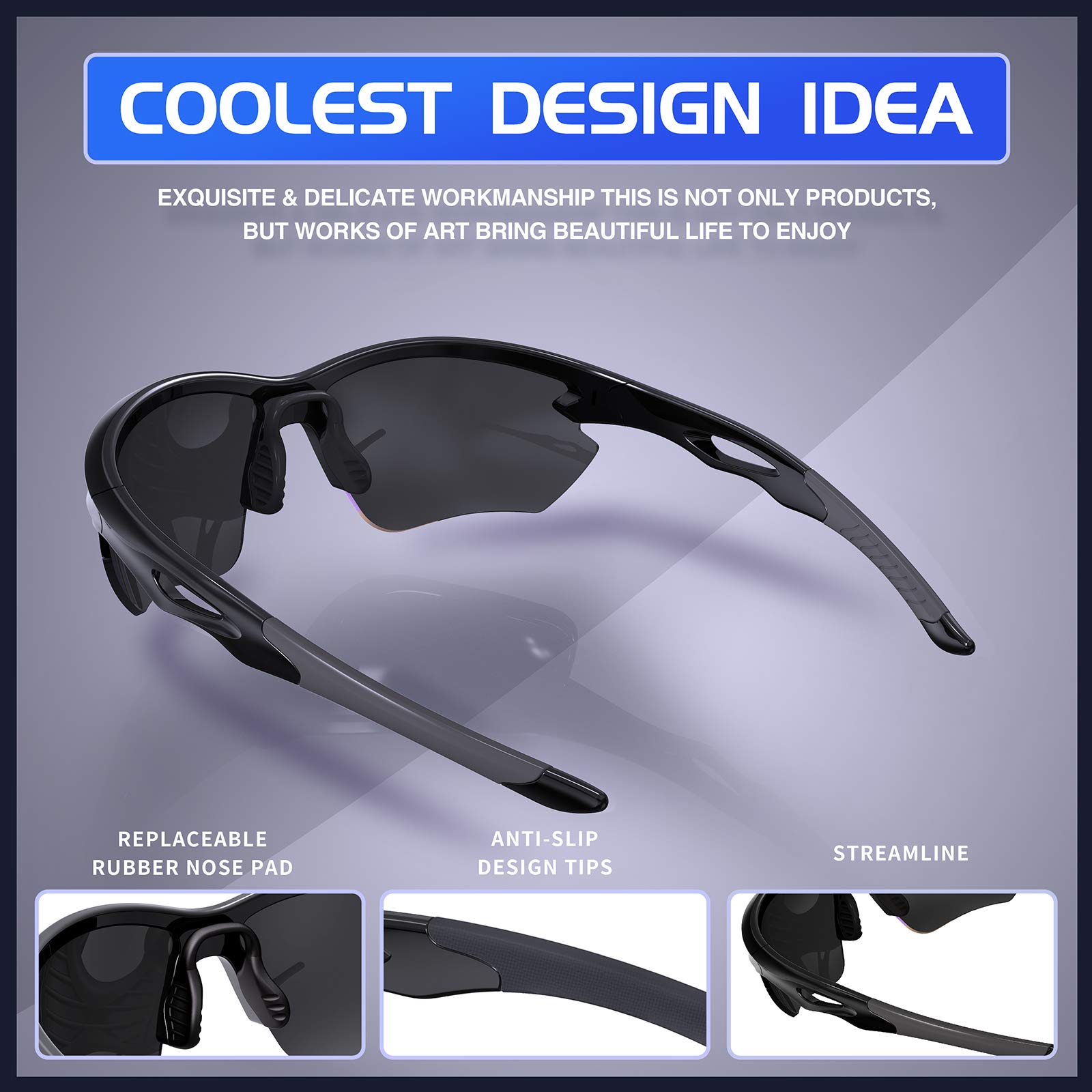 DEAFRAIN Gafas de sol deportivas polarizadas para hombres y mujeres, para ciclismo, correr, pesca, TR90, marco irrompible, protección UV, Z87, Marco negro brillante/lente negra, 52mm