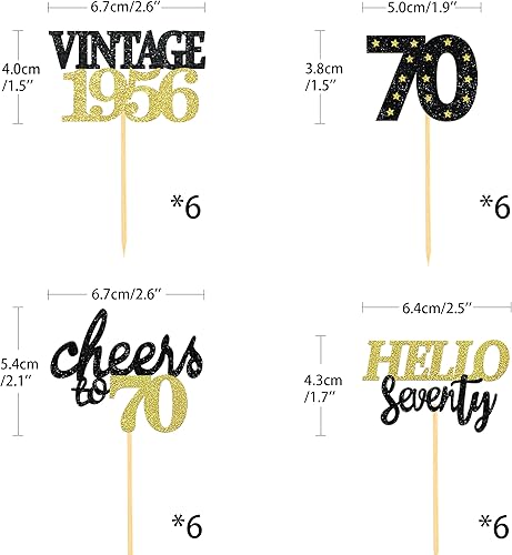 Miniatura 2 de 24 adornos para cupcakes con purpurina para cumpleaños número 70 para celebrar 70 cumpleaños, decoraciones para fiestas de cumpleaños de setenta