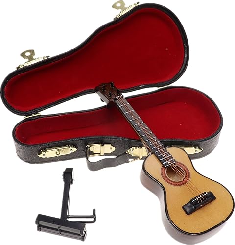 Miniatura 11 de Ukelele miniatura de madera con soporte y estuche, mini instrumento musical, réplica de ukelele, figuras coleccionables, modelo de decoración