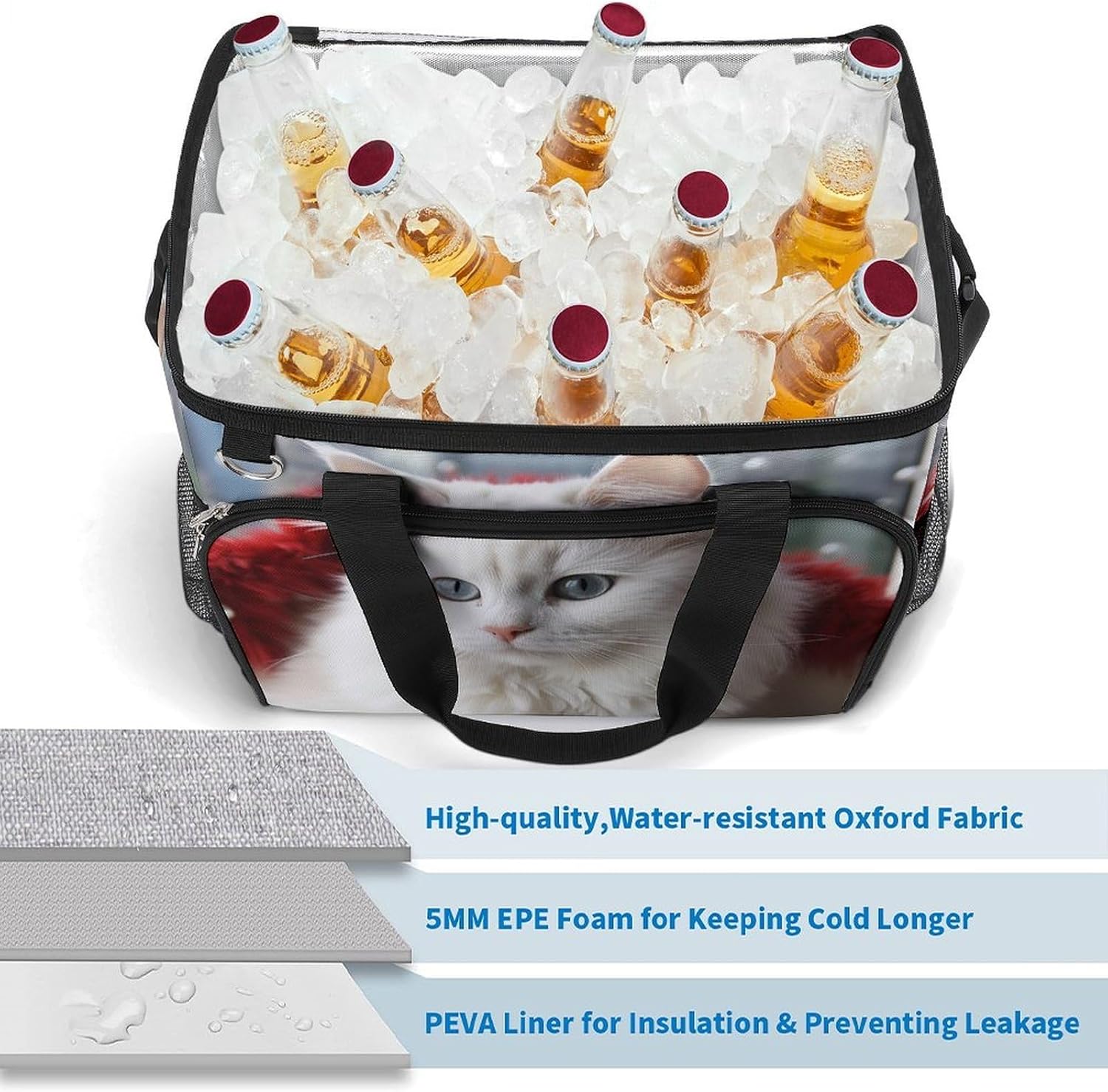 Insulated Picnic Backpack Tote Bag, Large Capacity 30L Cute White Cat Cooler Bag Leakproof Beach Bags Portable Lunch Box Waterproof Picnic Basket for Beach Camping BBQ