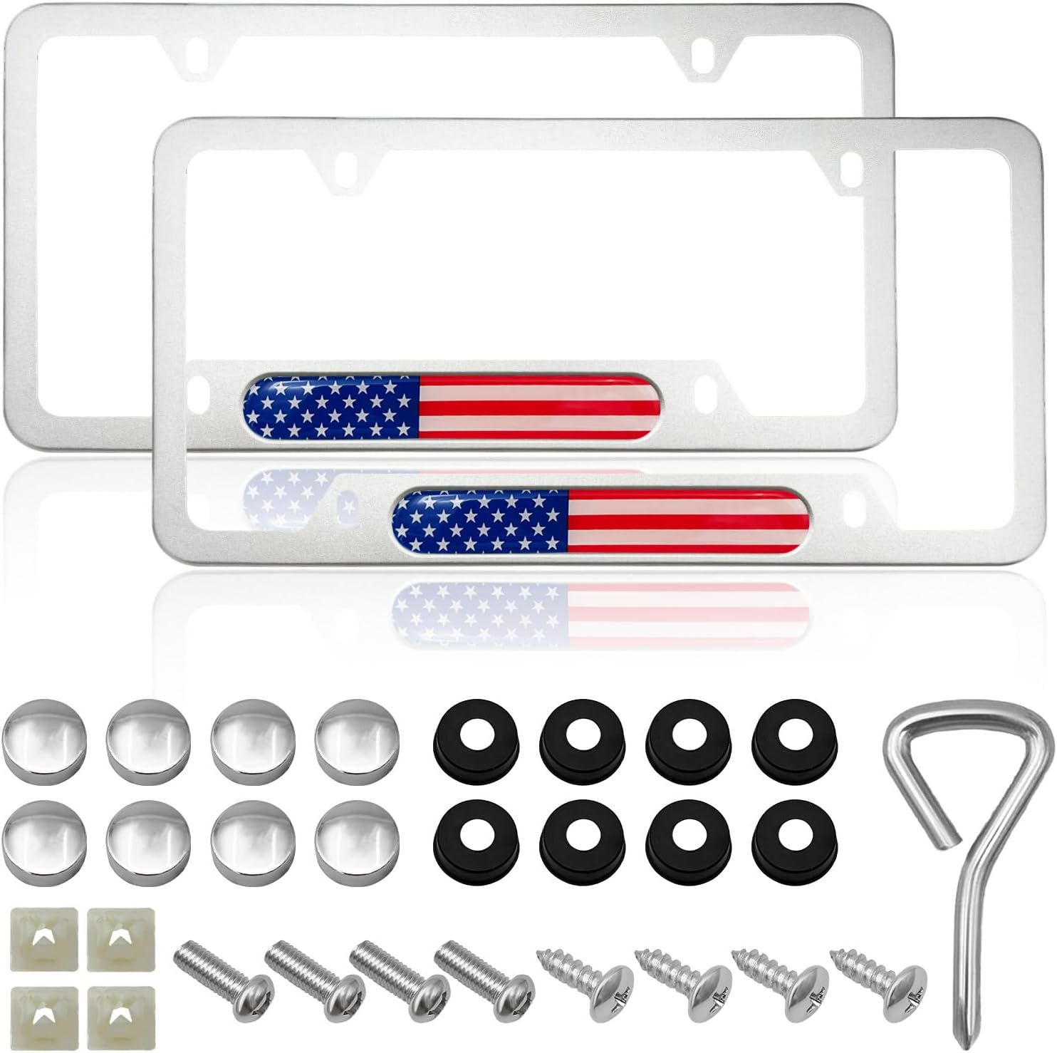 2 marcos para placa de matrícula con bandera estadounidense, cubierta patriótica de acero inoxidable para placa de automóvil, soporte para placa de