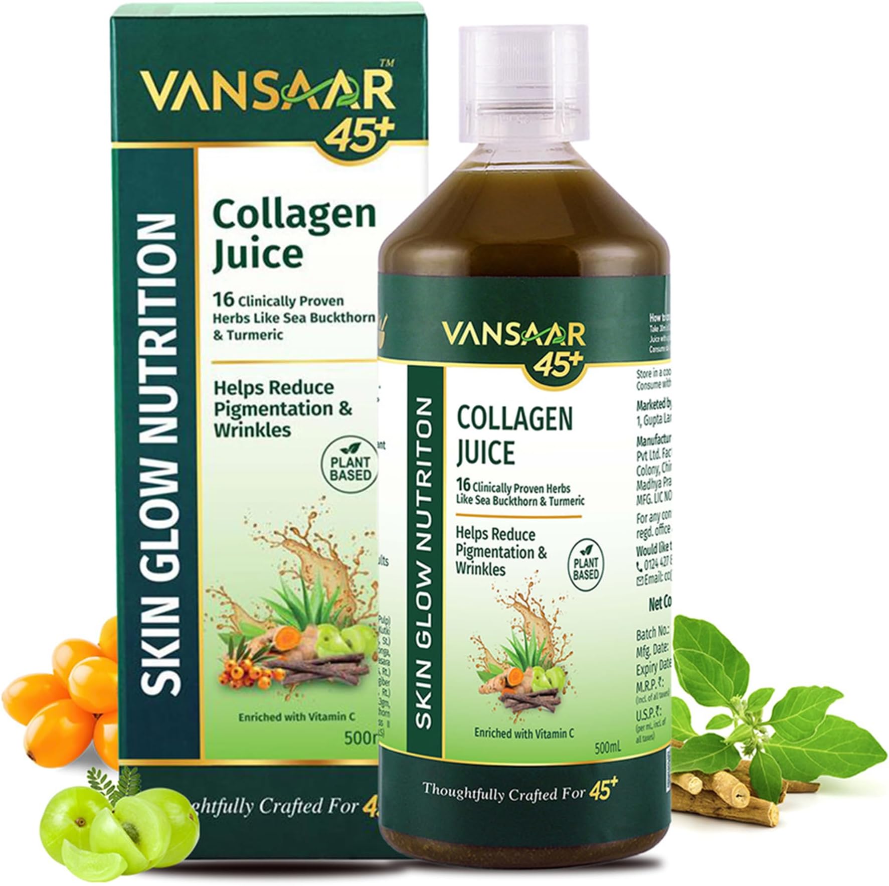 Vansaar 45+ Collagen Juice - 500 ML | Collagen Beauty Supplement for Women & Men with Amla, Aloe Vera, Sea Buckthorn, Vitamin C & 12 More Powerful Herbs | For Healthy Skin & Hair, Anti-Aging