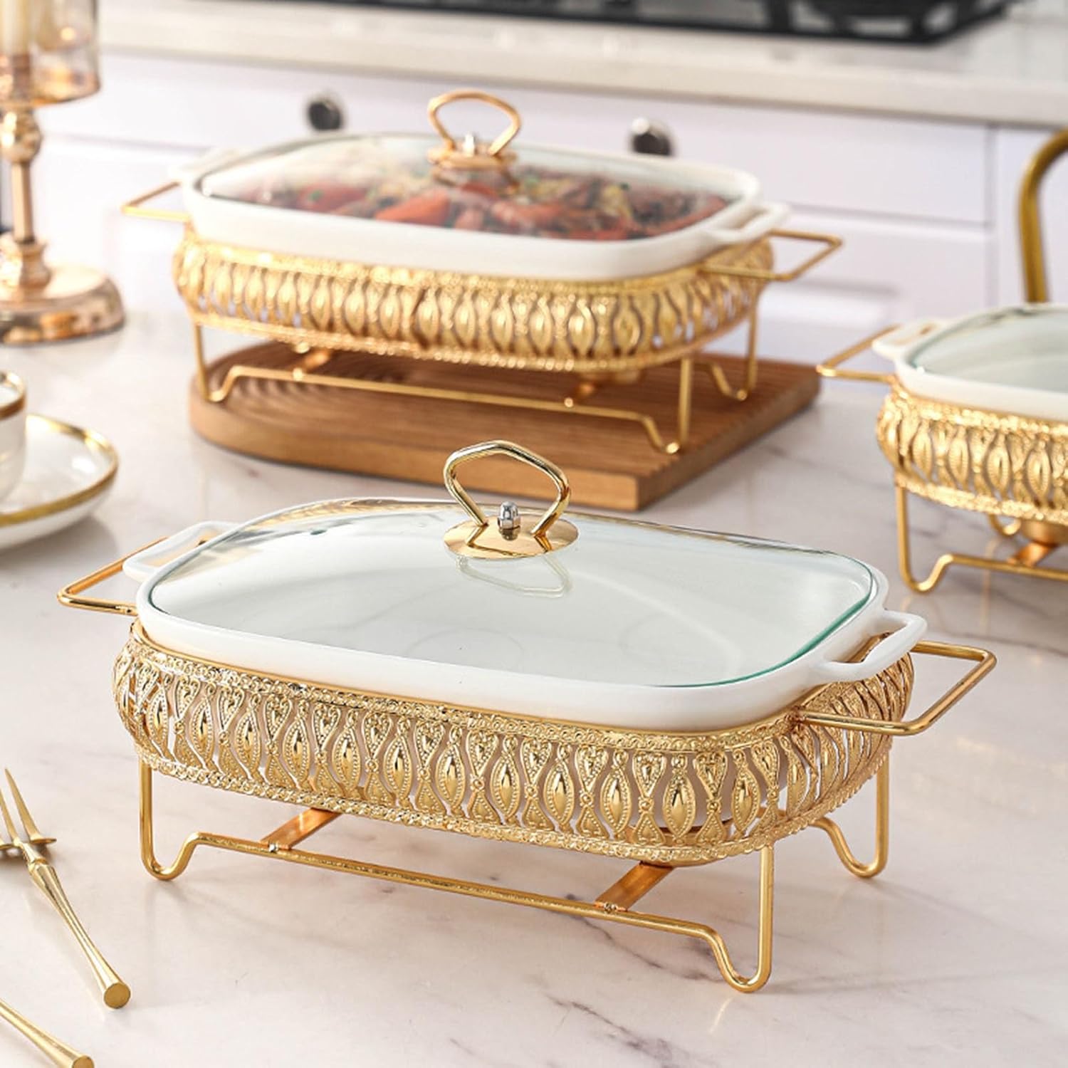 Stainless Steel Ceramics Chafing Buffet Dish Chafer Set Food Warmer Heating Pan Large Capacity Serving Tray with Lid for Home Restaurant Canteen,11in ()