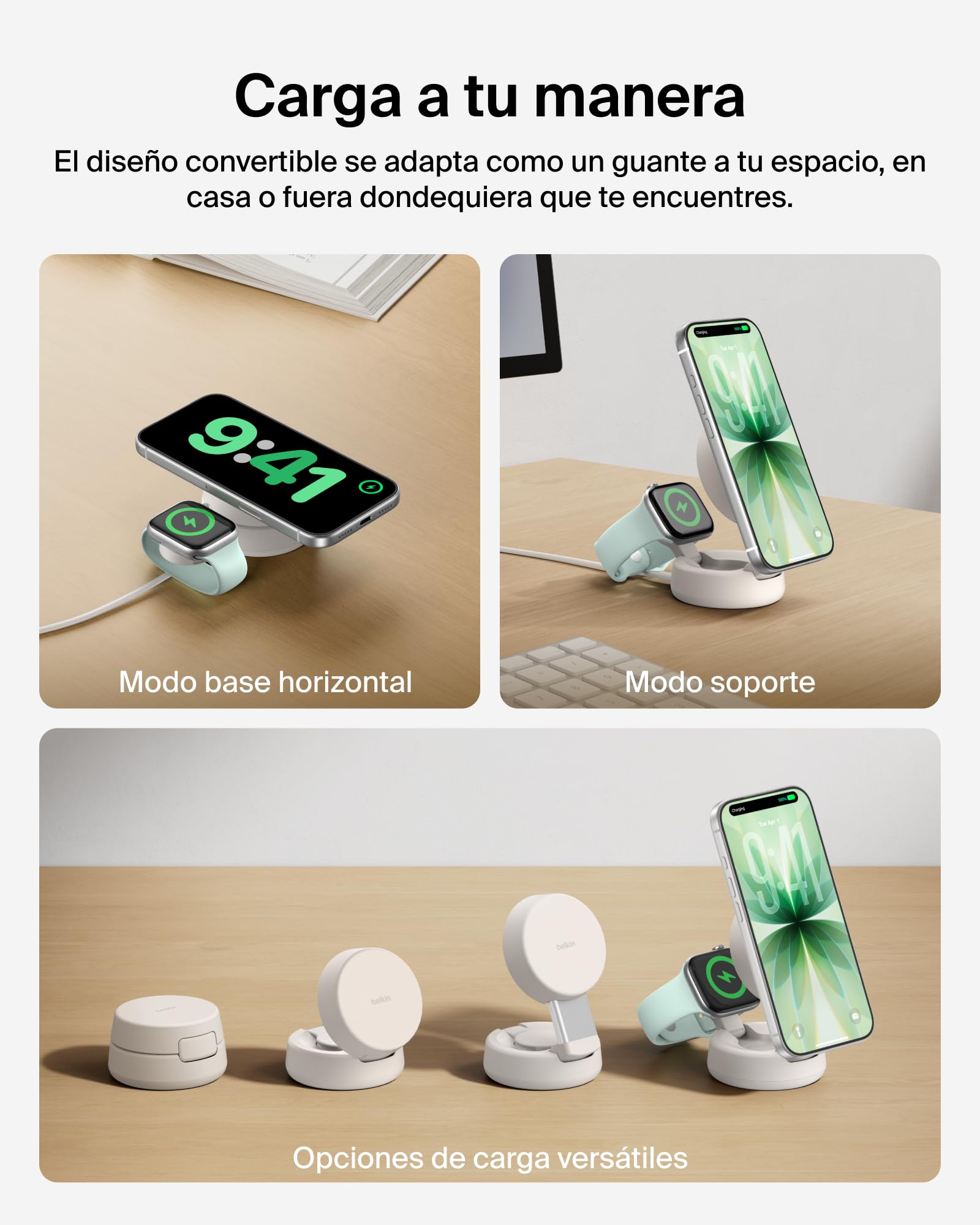 Belkin UltraCharge Pro Cargador Inalámbrico Magnético 2 en 1 Qi2 25W Arena | Convertible, Estación Magnética Carga Inalámbrica MagSafe, Certificación Qi2.2, iPhone, Apple Watch y Cascos, Adaptador 45W