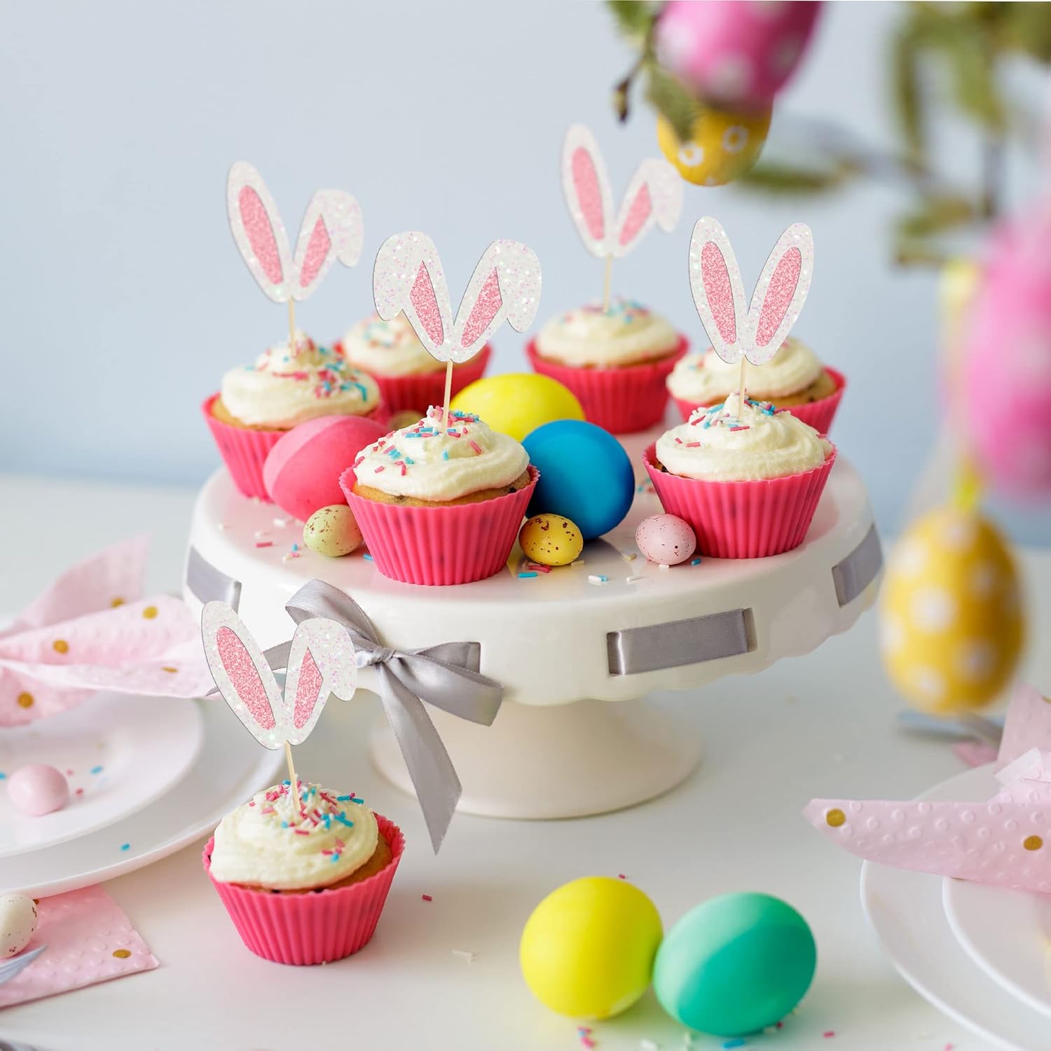 24Pcs Glitter Bunny Ears Cupcake Toppers Easter Rabbit Theme Happy Birthday Cupcake Picks for Bunny Happy Easter Baby Shower Birthday Spring Easter Party Cake Decorations