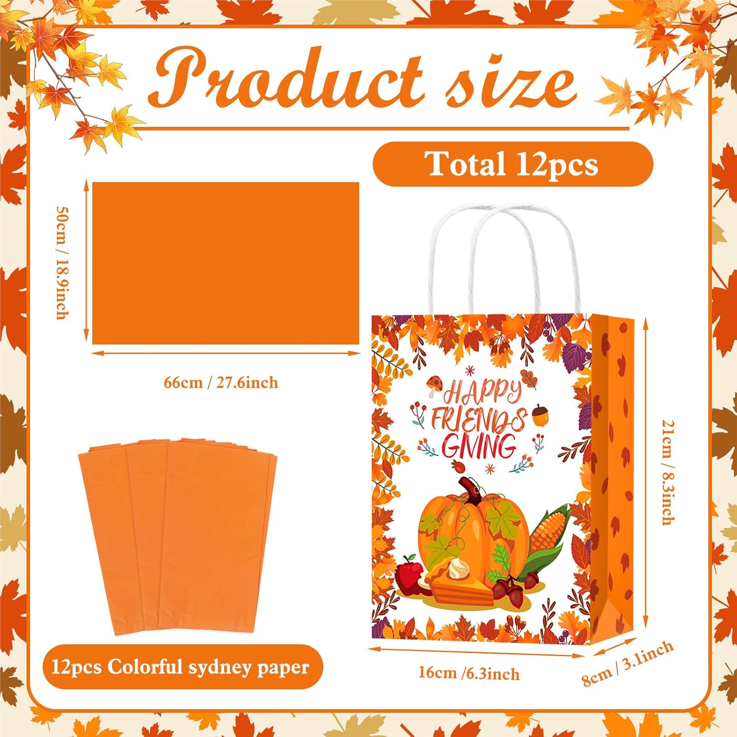 HOWAF 12pcs Friendsgiving Gift Bags with Tissue Paper, Friendsgiving Treat Bags for Thanksgiving Party, Friends Thanksgiving Candy Bag Give Thanks Themed Goodie Bag Turkeys Party Favors - Image 2