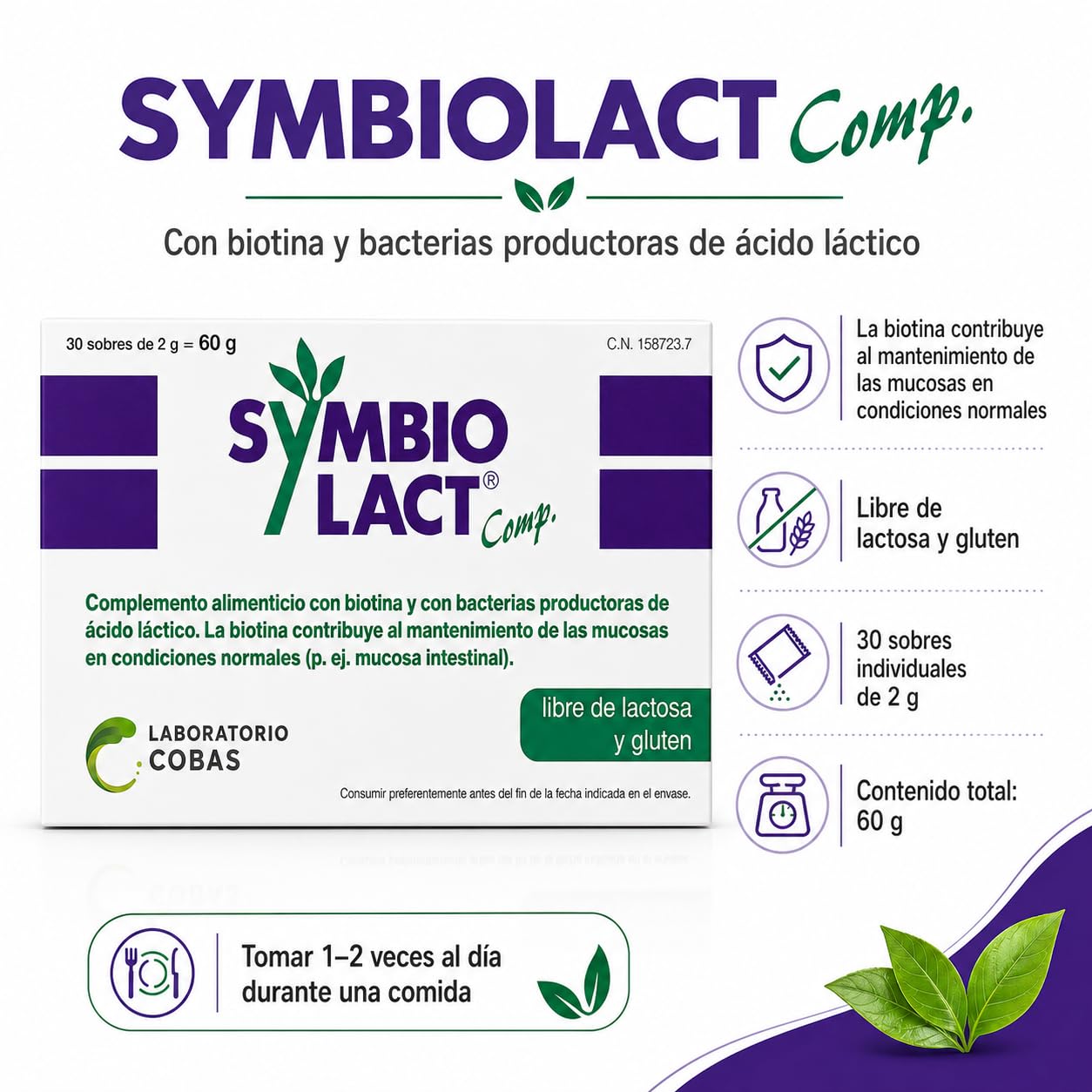 Cobas SymbioLact Comp 30 Sobres - Suplemento Probiótico para la Microbiota Intestinal y Mucosa Digestiva - Con Bacterias Lácticas y Biotina