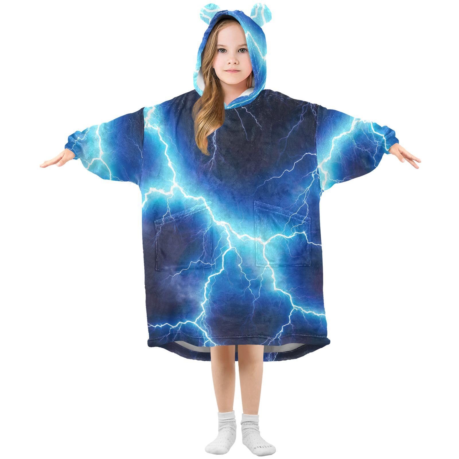 Grckit Boys A526 Electric Blue Lightning Kids Wearable Blanket Hoodie Soft Sherpa Fleece Oversized Sweatshirt For Girls 3-14