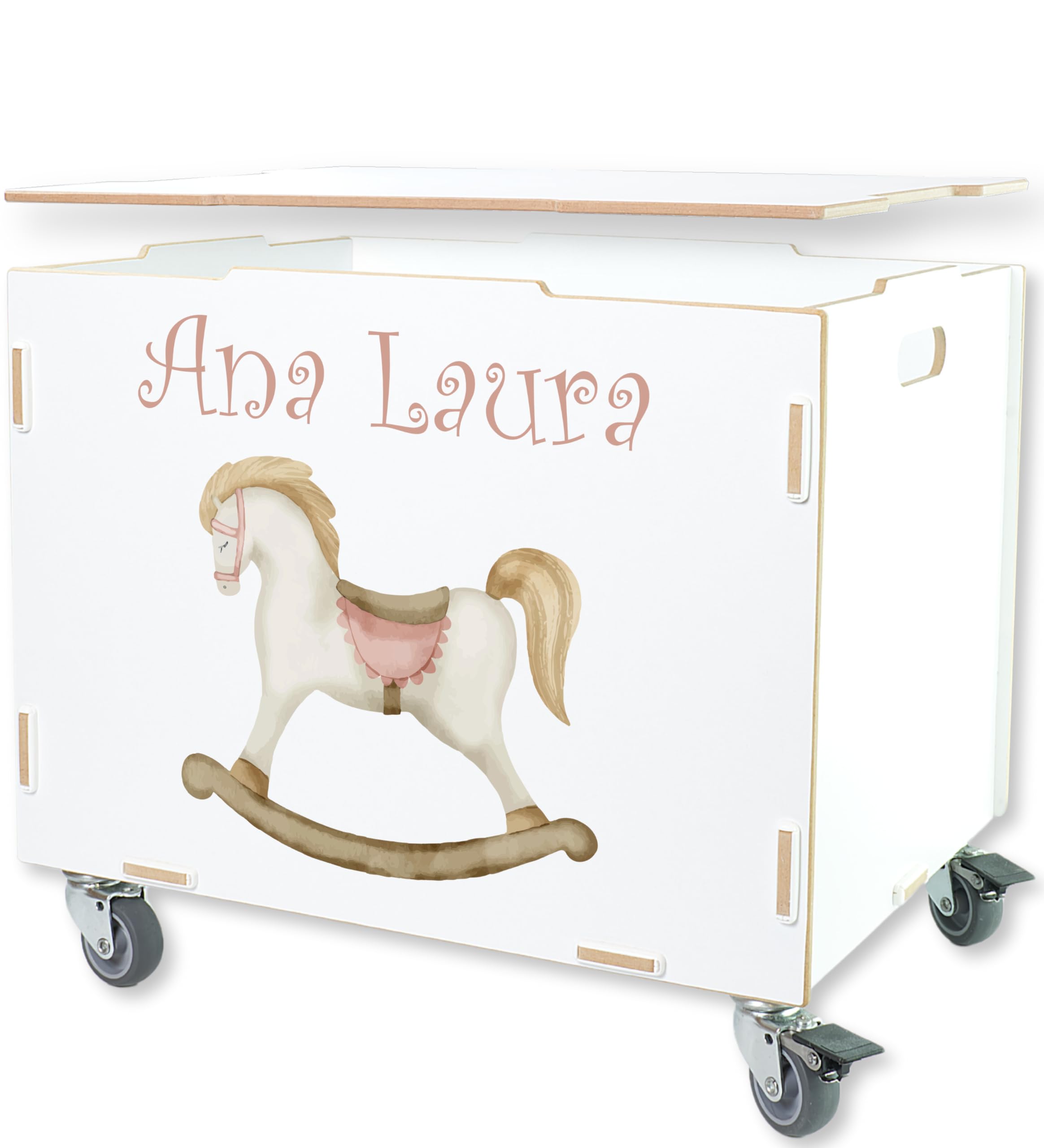 Peronalisierbare Rollbox mit Schauckelpferd Kinder-Motiv (33x45,5x34,5cm + 6cm Räder-Höhe) Kisten/Boxen personalisiert mit Text oder Namen - Kinderzimmer Rollkiste/Kiste als Spielzeugkiste
