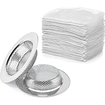 300 Pack Kitchen Sink Strainer Mesh Bags with 2 Pcs Strainer Stainless Steel, Disposable Elastic Food Waste Collector, Anti-Clogging Disposable Sink Drain Covers, Kitchen Essentials Sink Filter Nets