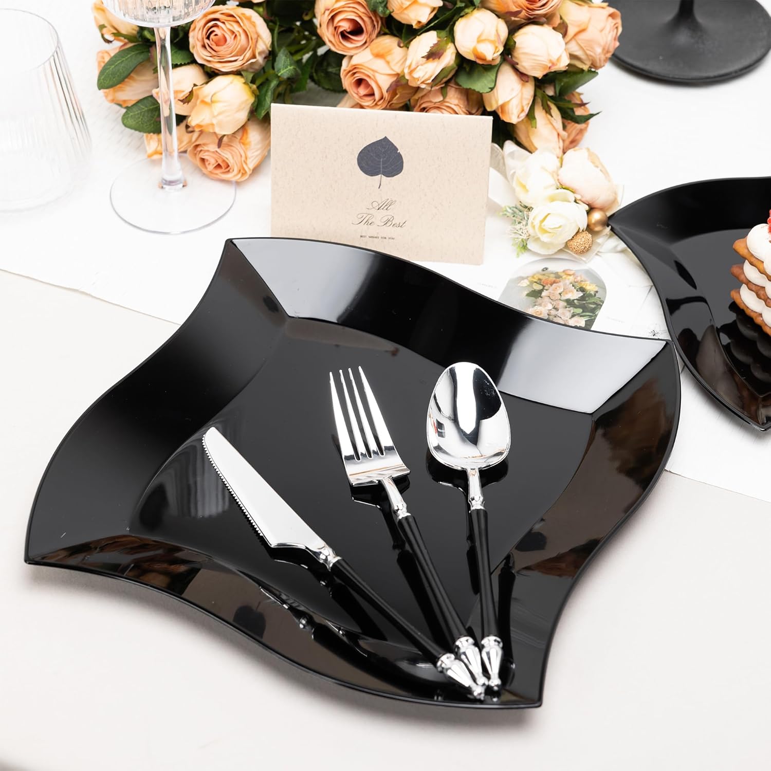 64 PCS Black Plastic Plates,Black Square Disposable Plates Heavy Duty,Include 32 Dinner and 32 Dessert Plates for Party&Halloween