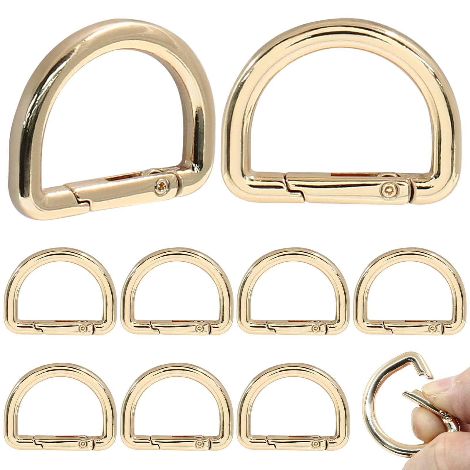 Jiozermi 10 Pack Gold Metal Spring D Rings Keychain, Small D Ring Carabiner Clips Mini Keychain Spring D Rings Hook for Key Purse Dog Tag Clip Backpack Clips Webbing Buckle(1 Inch)