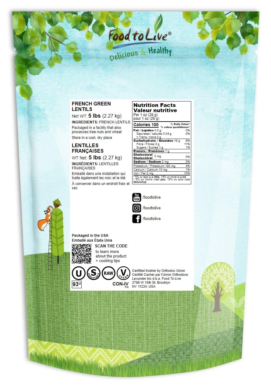 Food to Live French Green Lentils, 5 Pounds – Whole Dry Beans, Raw, Sproutable, Vegan, Kosher, Bulk. Deep Peppery Flavor. Rich in Plant-Based Protein. Great Base for Soups, Chili, and Curries