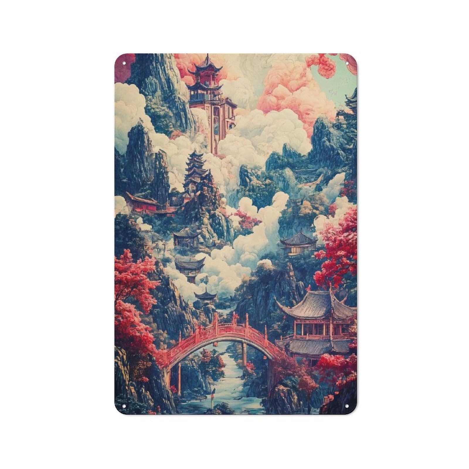 Junmoney Style-1 Tin Wall Plaque 30X20cm With Asian Landscape For Workshop Wall, Housewarming Wall Decor For People Furnishing Workshop