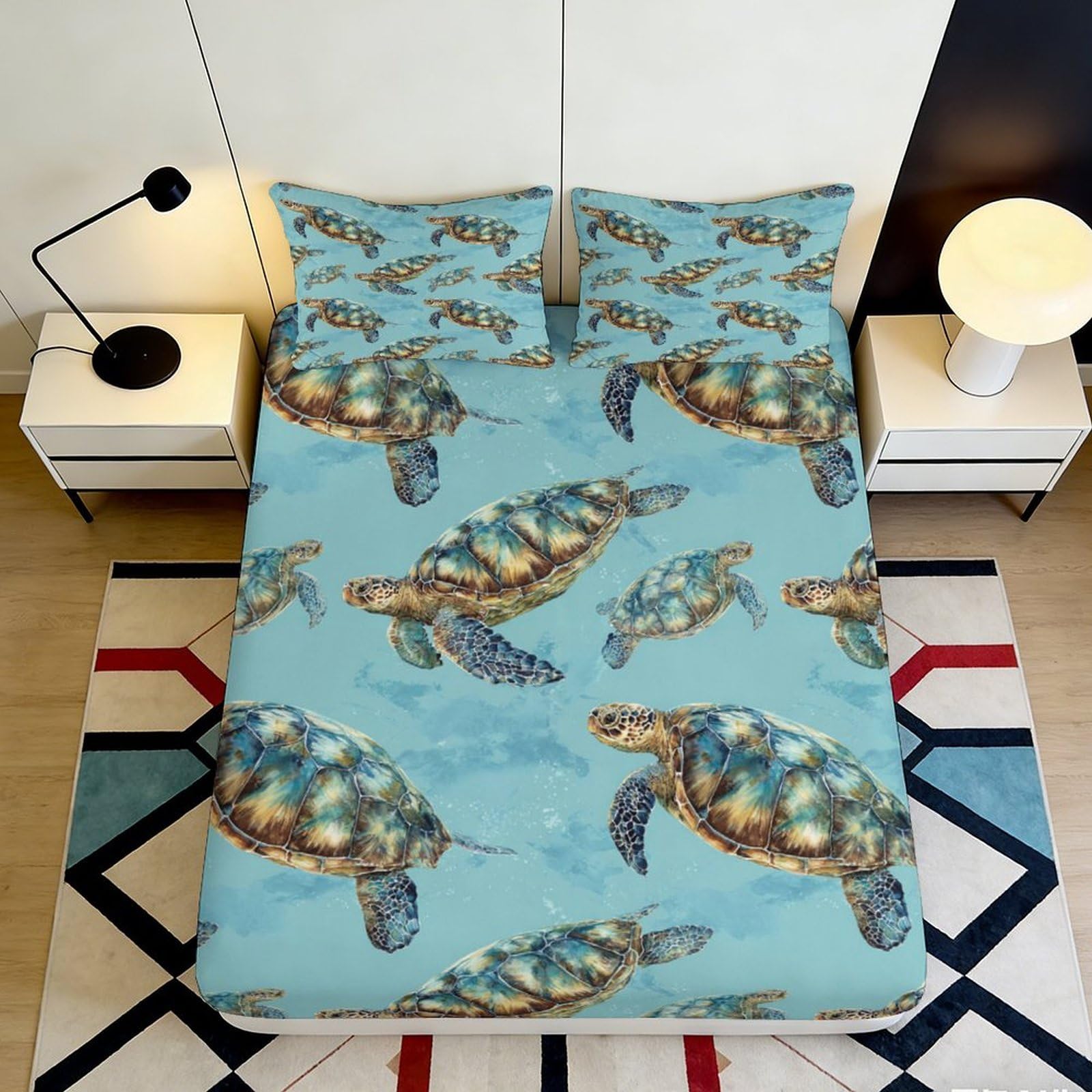 3D Printed Sea Turtle Fitted Sheet Microfiber Soft Breathable Ocean Pattern Bed Cover for Bedroom Dormitory Guest Room Mattress Protection 120x200x25cm