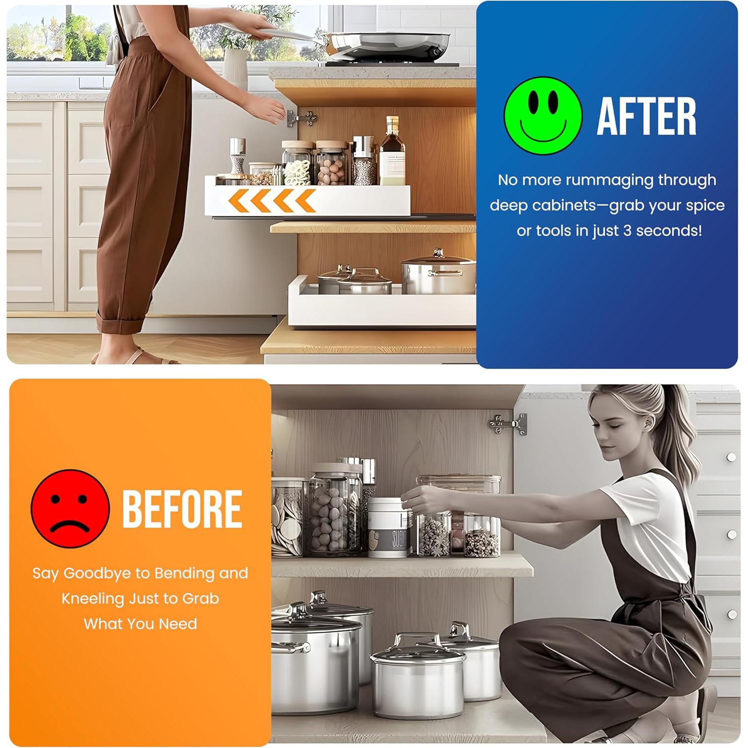 NEWFUN Cassetti Estraibili Per Cucina，Cassetto Estraibile Per Dispensa，Larghezza Regolabile Da 32 a 53 CM Con Guida Autoadesiva Silenziosa,Non Richiede Forature Né Chiodi，Set Da 2 Organizer