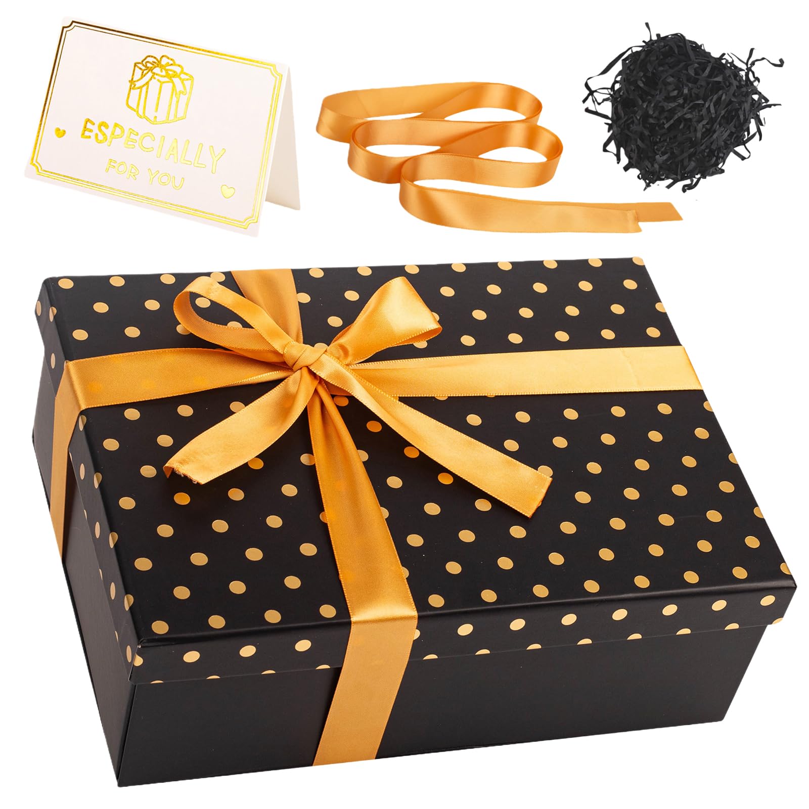 Black Dots Gifts Boxes with Magnetic Lids,Luxury Gift Box Set,25 x 19 x 9cm, with Contains Card,Ribbon,Shredded Tissue Paper,for Christmas Birthday Wedding Anniversary