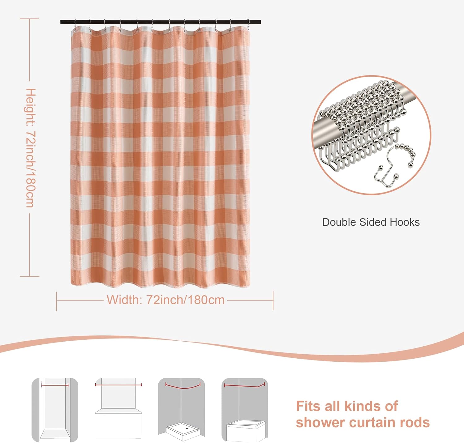 ORTIGIA 3 in 1 Waffle Shower Curtain and Liner Set 72x72, Modern Curtain with 12 Stainless Steel Double-Sided Hooks, Peach and White Buffalo Plaid Waterproof Bath Curtain for Farmhouse Bathroom