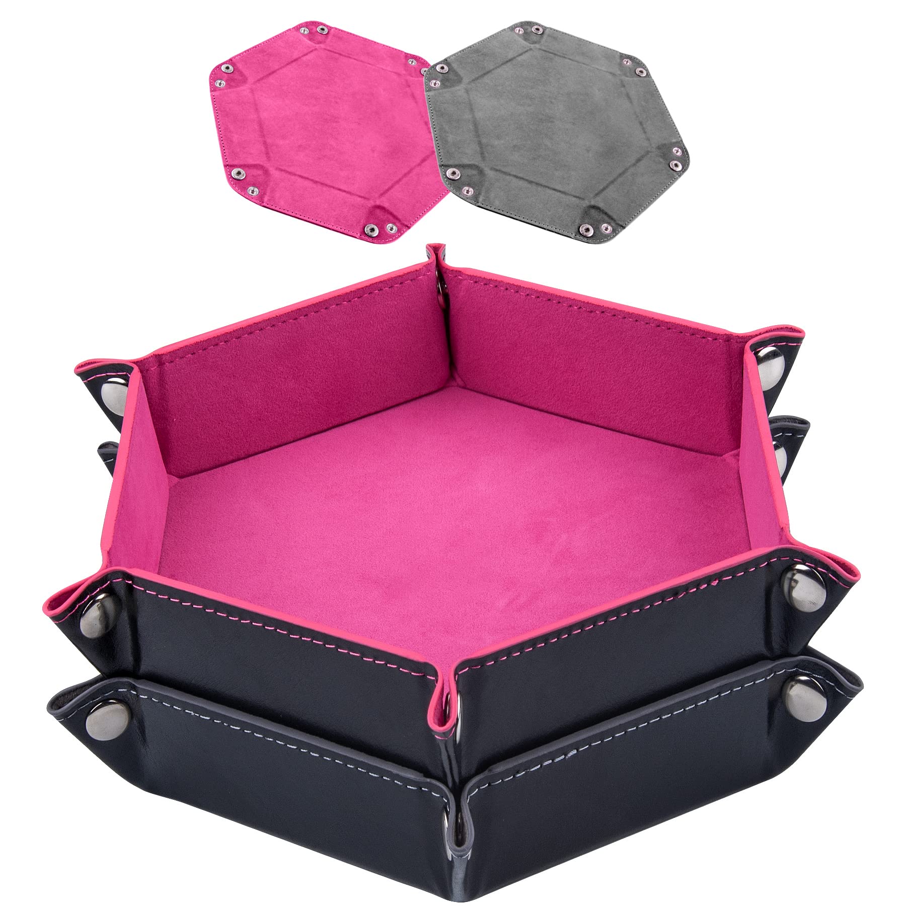 SIQUK 2 Pieces Dice Tray PU Leather Dice Folding Hexagon Tray Dice Holder for Dice Games Like RPG, DND and Other Table Games (Pink, Gray)