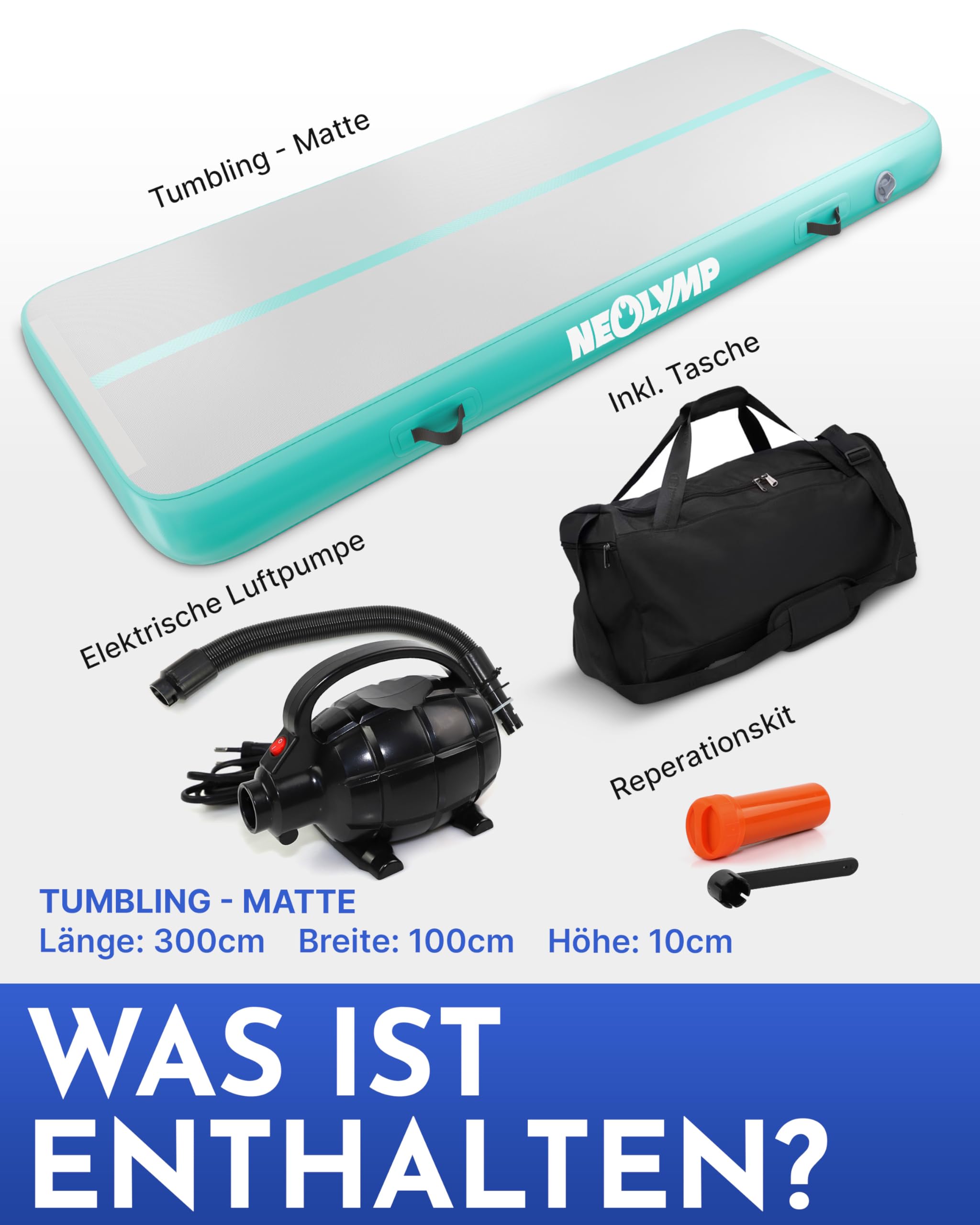 NEOLYMP Turnmatte - Tumbling Matte 3m - Aufblasbare Sprungmatte Kinder & Erwachsene - Rutschfeste Gymnastikmatte - Sportmatte mit elektrischer Luftpumpe