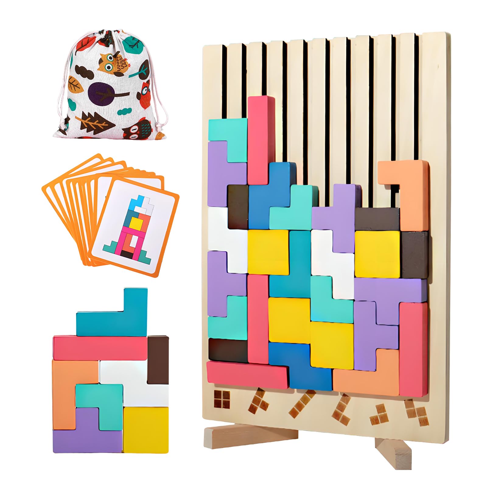 Tetris Gioco per Bambini con Borsa,Puzzle di Legno Tetris Giocattolo Montessori,Cervello Giocattoli, Intelligenza Jigsaw Rompicapo, Regali Educativi per Bambini