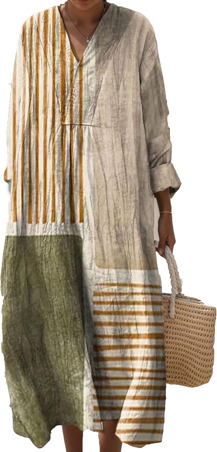 Womens Flowy Oversized Baggy Boho Floral V Neck Maxi Dresses Long Sleeve Casual Loose Dress with Pockets